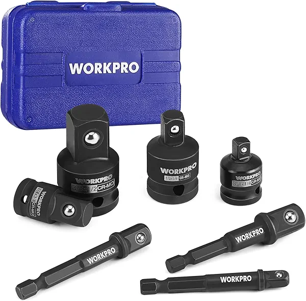 WORKPRO 7 Pieces Impact Socket Adapter Set, Includes 3 Pieces 1/4" Hex Shank Drill Extension Set (1/4", 3/8" and 1/2") and 4 Pieces Impact Socket Adapter and Reducer Set 7pc