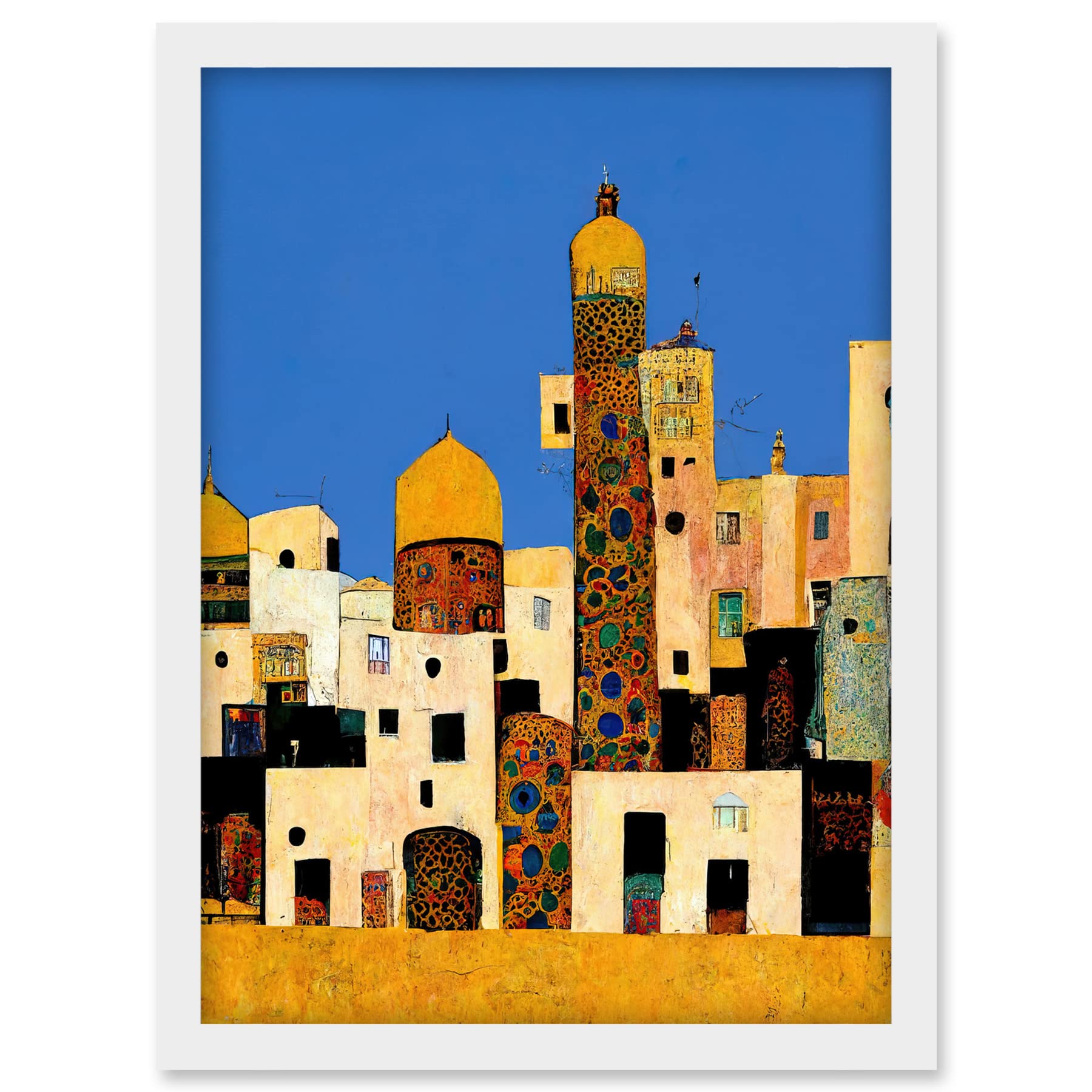Doppelganger33 LTD Klimt Style Moroccan Cityscape Blue Gold Artwork Framed A3 Wall Art Print