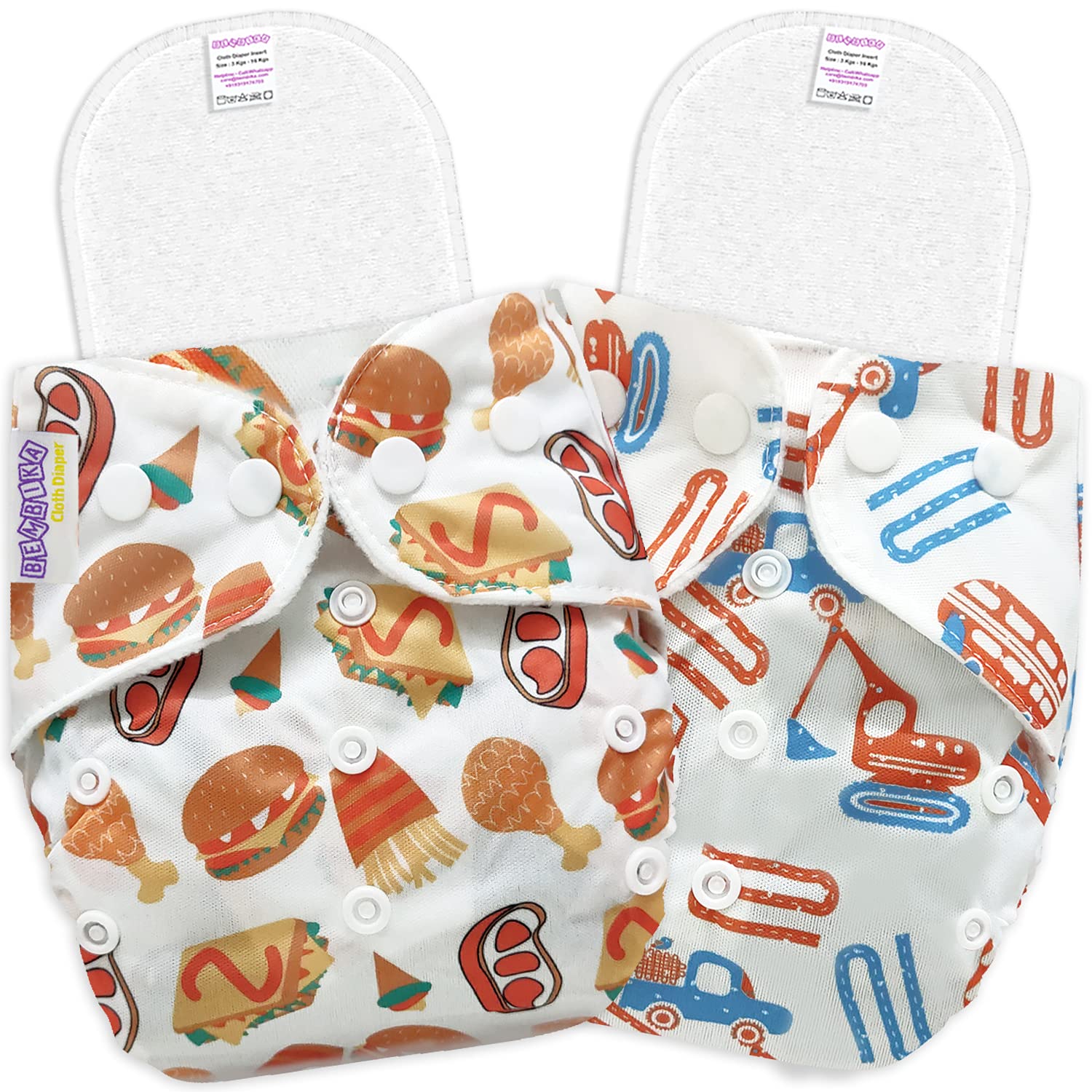 Bembika B Plus Printed Cloth Diapers for Babies, Washable Reusable, Adjustable Sizes (2 Combo) (2 Micro Fiber Inserts Included) 2MM