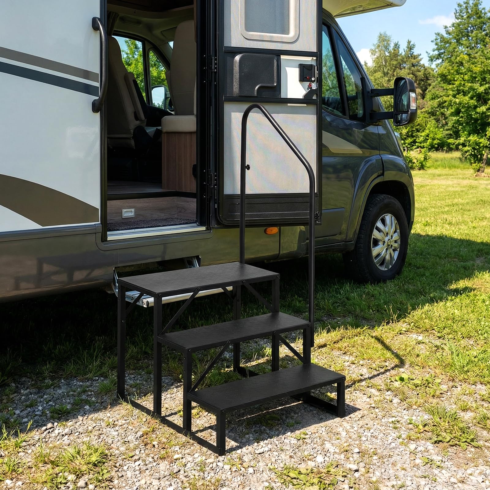 COSTWAY Scala a 3 Gradini per Camper, Gradini per Camper in Acciaio con Maniglia Regolabile Destra/Sinistra e Piattaforme Antiscivolo, Portata 300 kg, Scale Portatile per Vasca, Camper, Casa e Animali