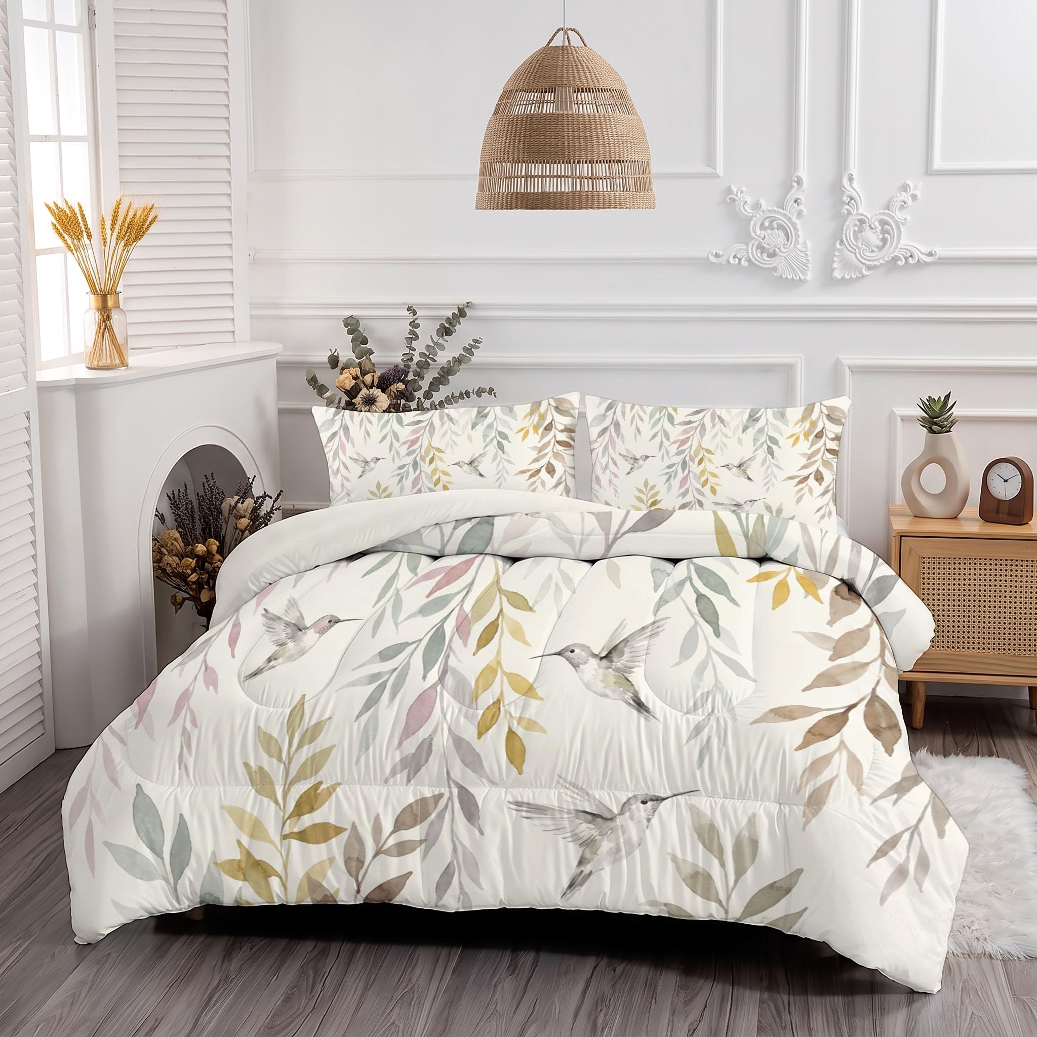 Copriletto Trapuntato Per Bambini Con Semplici Fiori E Uccelli Ad Acquerello | Trapunta Matrimoniale Invernale, Beige, Piumone Caldo Morbido Foglie Verdi Animali Per Decorazione Camera Da Letto