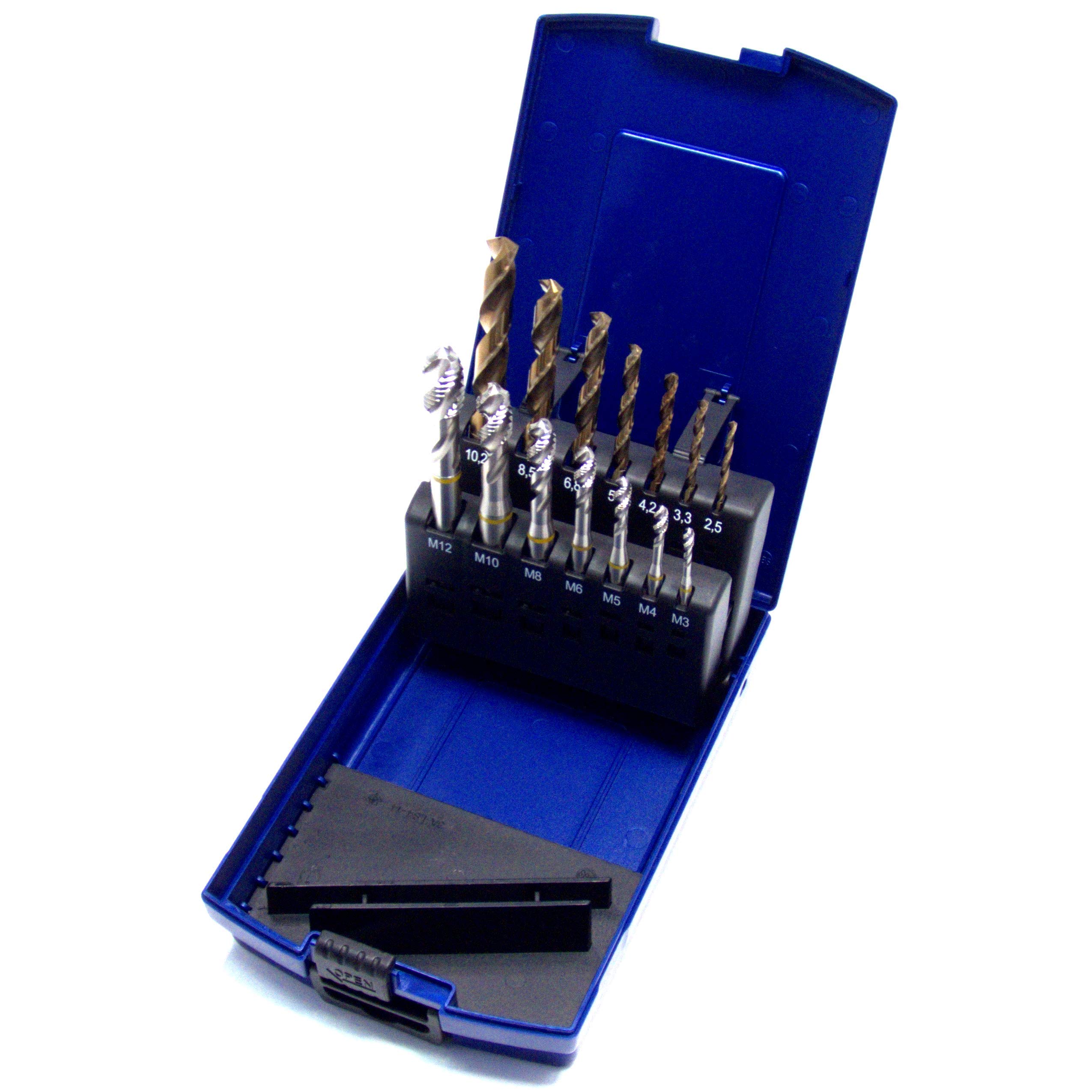Lot de 14 tarauds pour machine M3 - M12 HSSE-Co5 DIN 371 - Trou borgné 39° RSP - Avec carottier HSSE-Co5