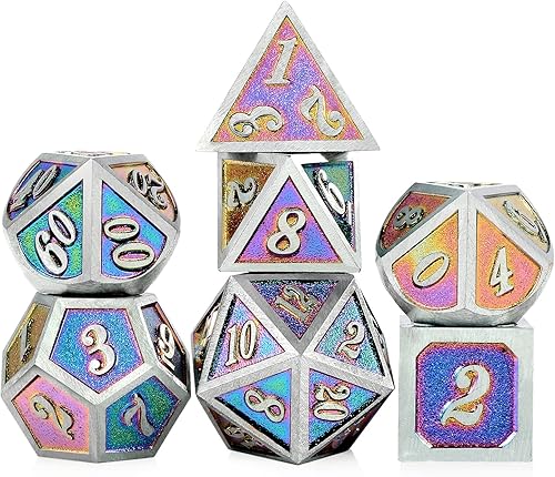 DND - Dados de metal, 7 troqueles metálicos sólidos de DNDND con caja de metal de regalo para Dungeons and Dragons D&D (borde frotado con color
