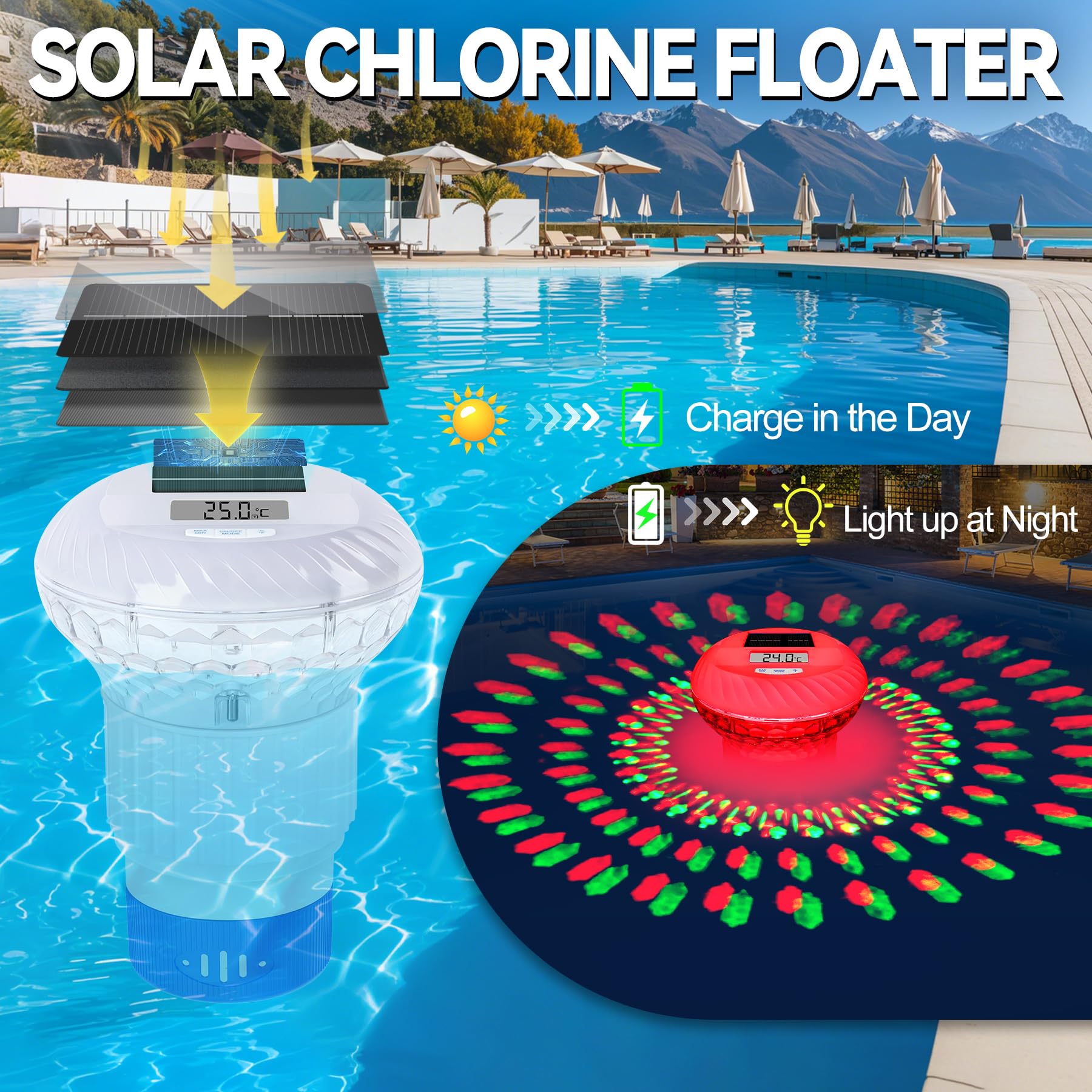 KingSom 2026 Diffuseur Chlore Piscine, Distributeur de Chlore Flottant avec Lumineux Solaire, Contrôle par Bouton Distributeur de Chlore pour Piscine Réglable