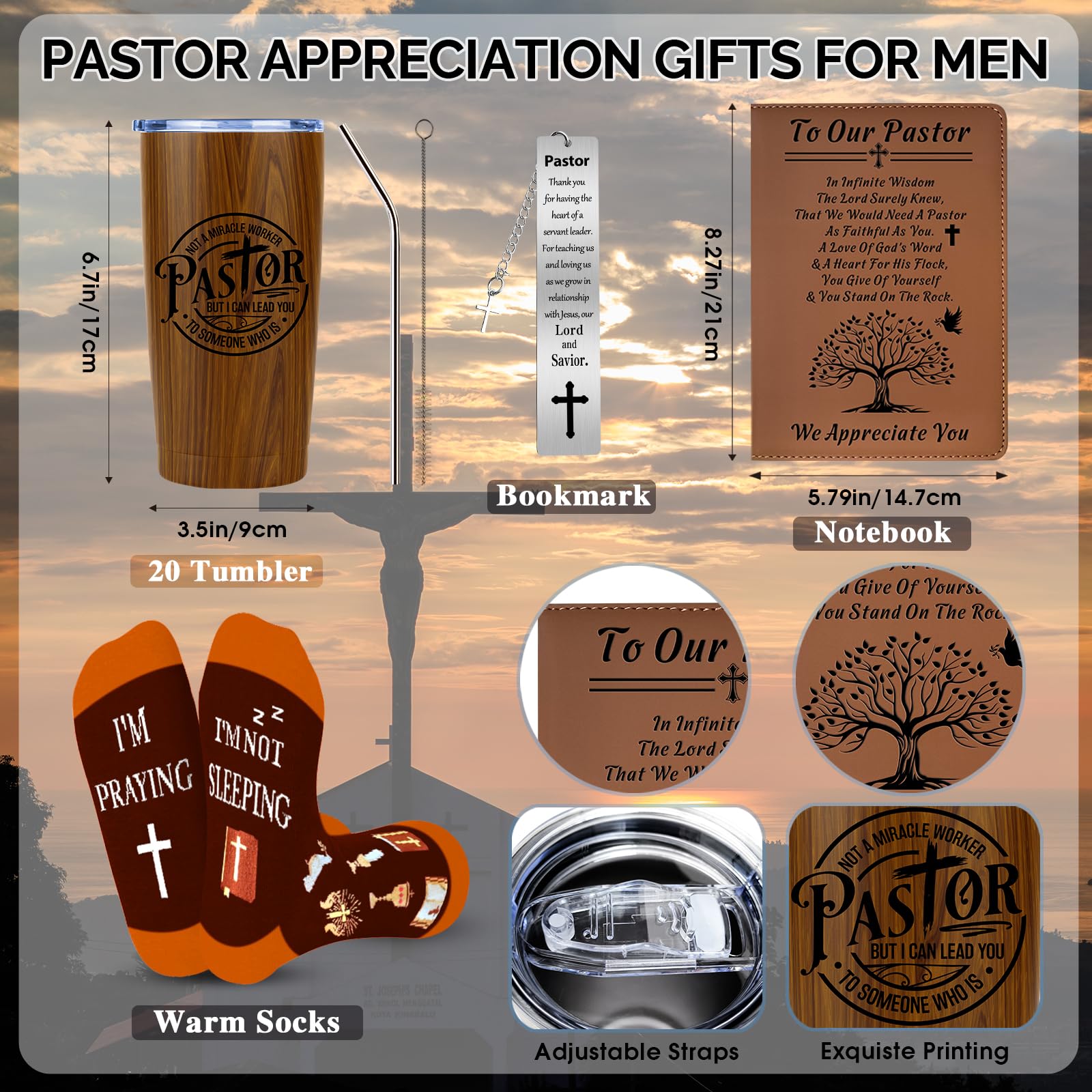 Pastor Gifts for Men, Pastors Appreciation Gift Set with 20 Oz Tumbler Socks Acrylic Plaque Leather Journal Notebook Engraved Pen Bookmark Keychain for Dad, Husband, Grandpa, Male Friends, Coworker