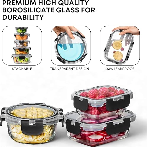 Miniatura 5 de Razab Juego de 30 recipientes de vidrio para almacenamiento de alimentos y 16 piezas (juego de 8) recipientes herméticos de almacenamiento de