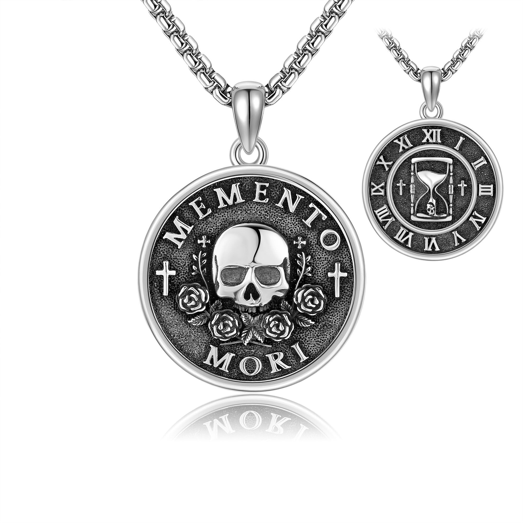 URONE Memento Mori-Halskette aus Sterlingsilber Memento Mori-Totenkopf-Rosen-Anhänger Totenkopf-Schmuck Geschenke für Frauen und Männer