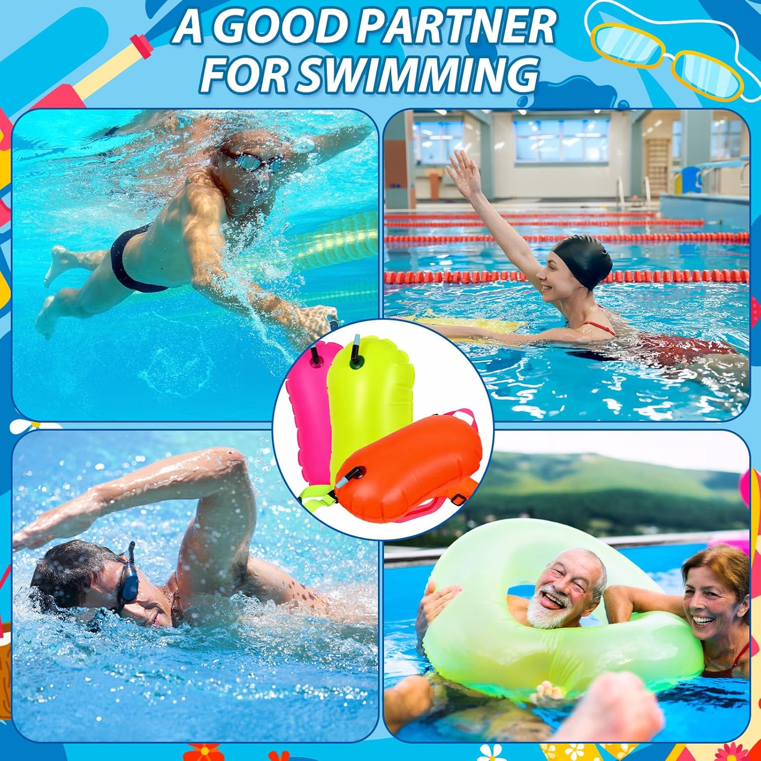 6 Pack Swim Buoy Float for Open Water Safety Inflatable Swimming Bubble Float with Adjustable Waist Swimming Pull Buoy for Swimmers