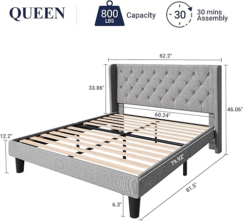 Miniatura 27 de Allewie - Base de cama de tamaño King con cabecera con alas y botones capitoné, tapizada, moderna, soporte de listones de madera maciza, no necesita