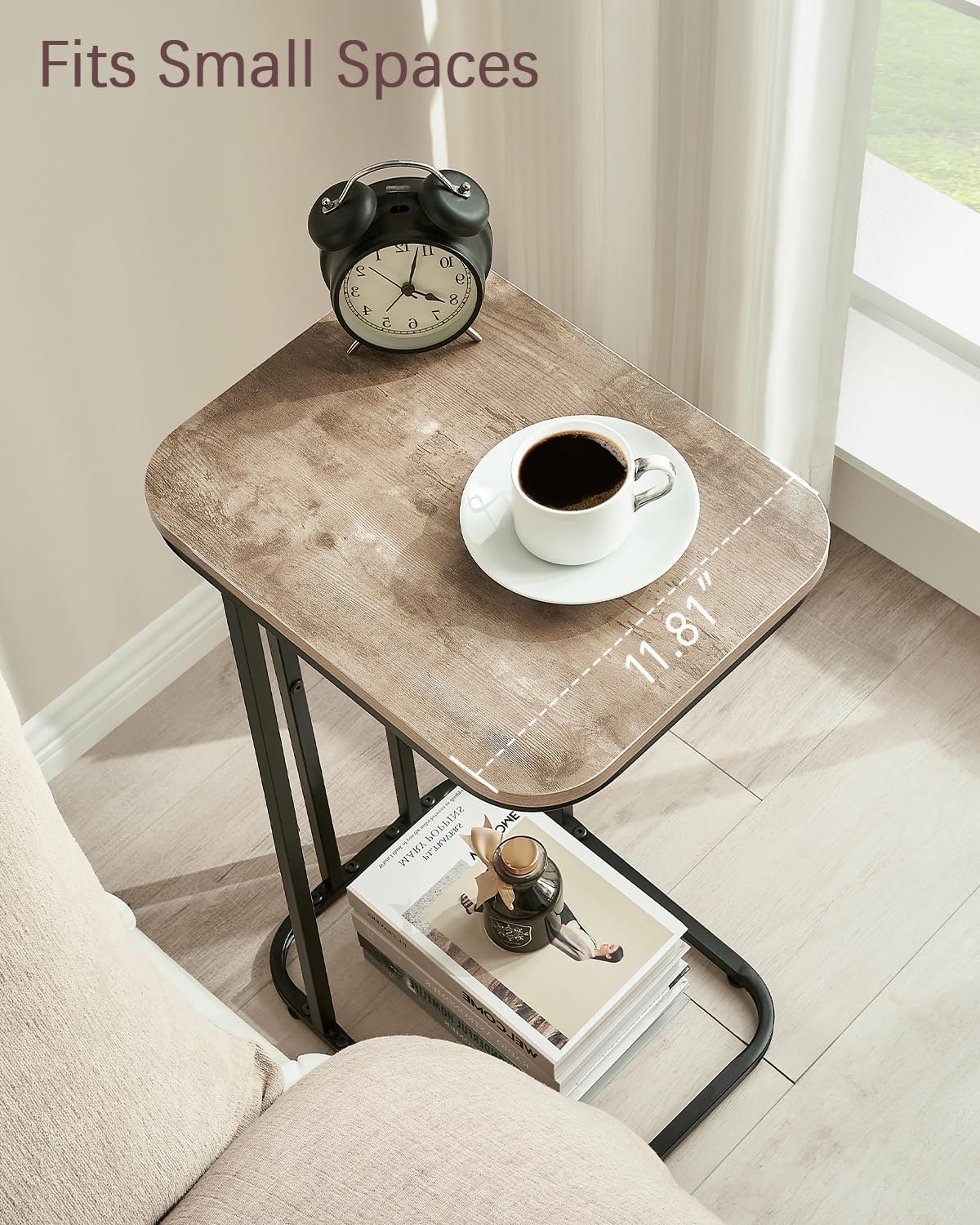 KJGKK C Shaped End Table, 27 Inches High Small Side Table for Sofa and Bed, Couch Table That Slides Under, Tall Tv Tray Table for Living Room, Bedroom, Metal Frame, Greige & Black
