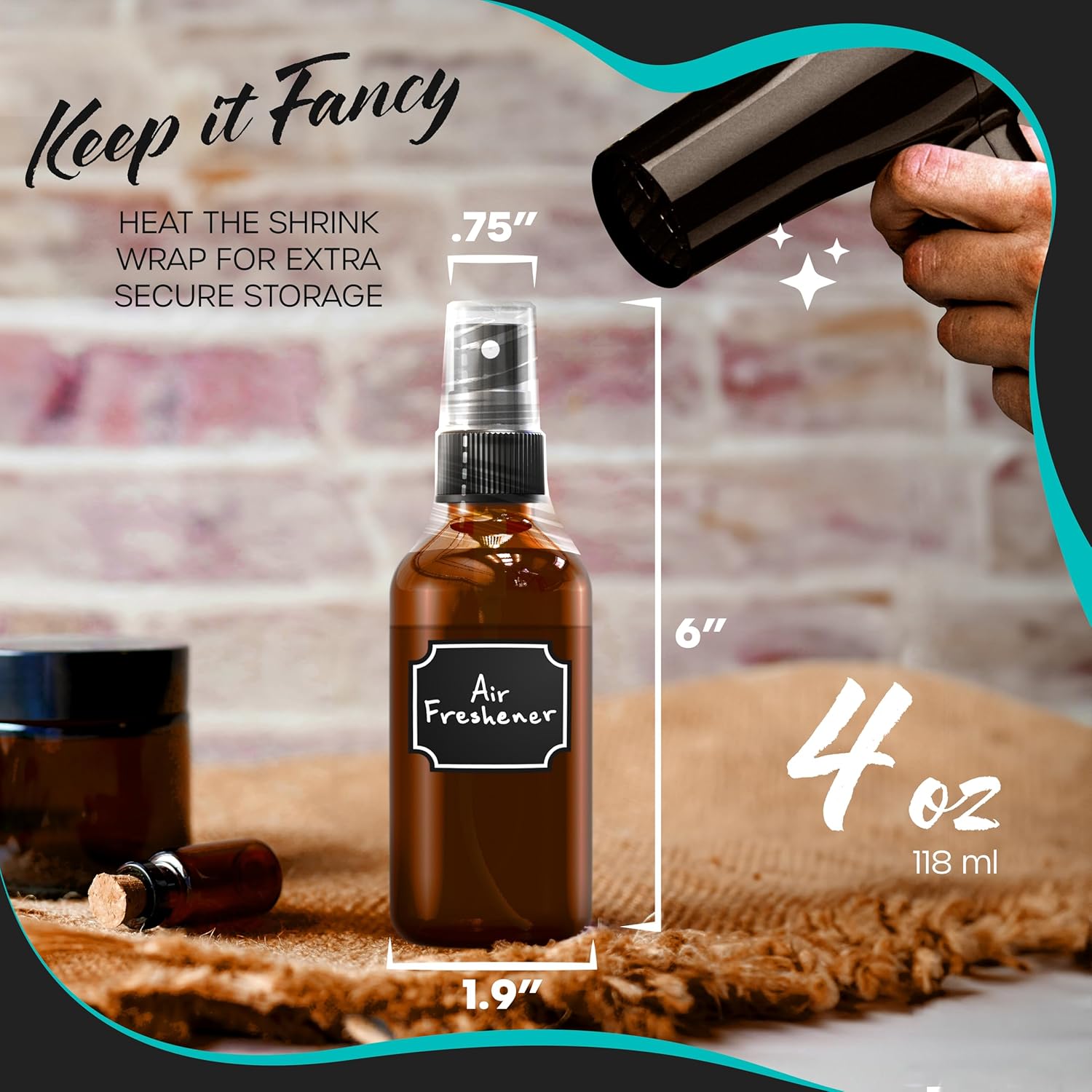 Nevlers 4 Oz Amber Glass Spray Bottles for Cleaning & Refreshment | 48 Pack Amber Glass Bottles | Mist Bottle Sprayer w/Shrink Wrap, Funnel, Brush, Marker & Labels | Small Spray Bottle for Hair & Face