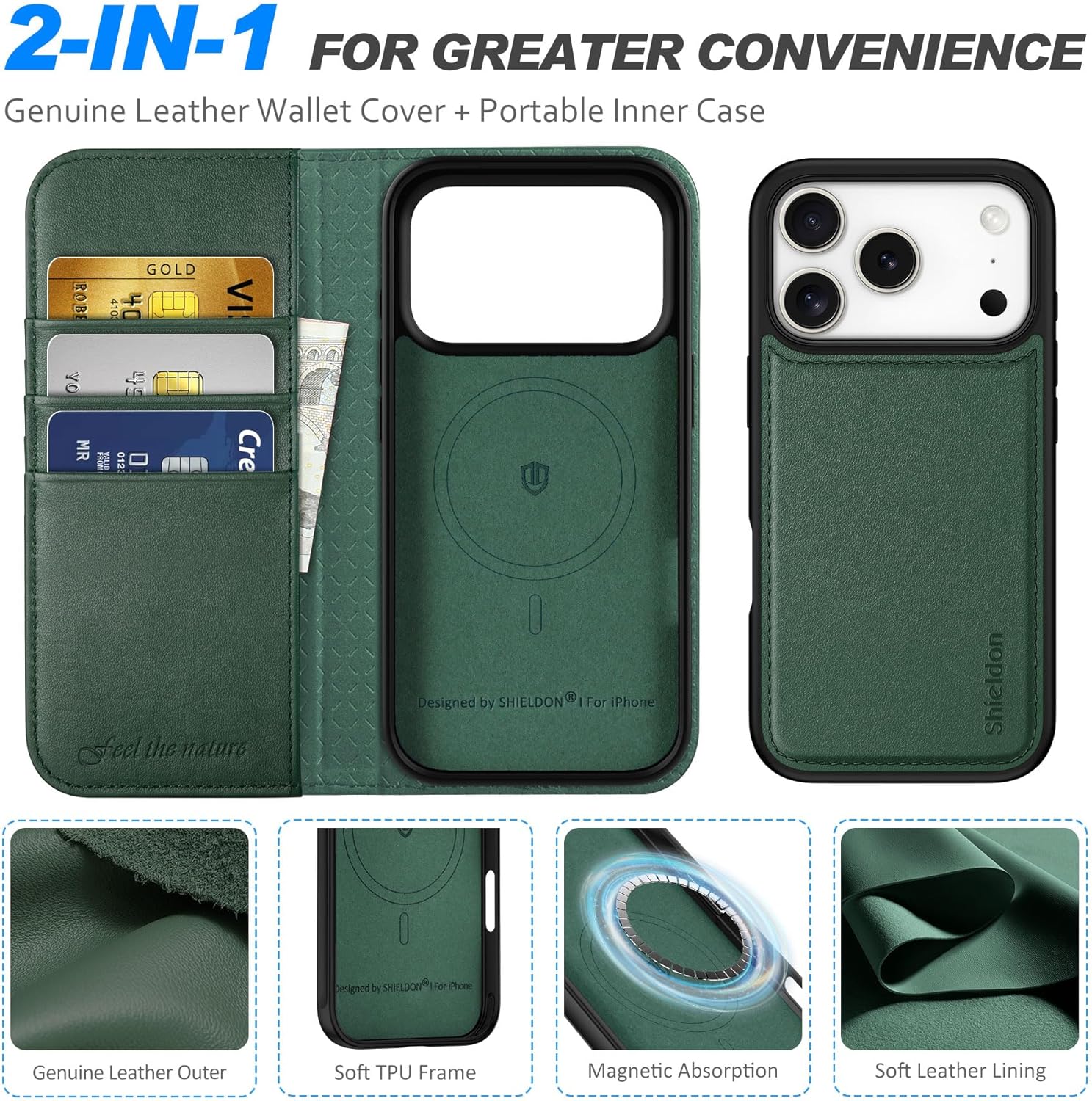 SHIELDON Detachable Leather Wallet Case for iPhone 17 Pro 6.3-inch 5G | 2-in-1, Flip, Magnetic Closure, Wireless Charging, Kickstand, RFID Blocking Credit Card Holder, Shock Absorption - Evergreen - Image 5