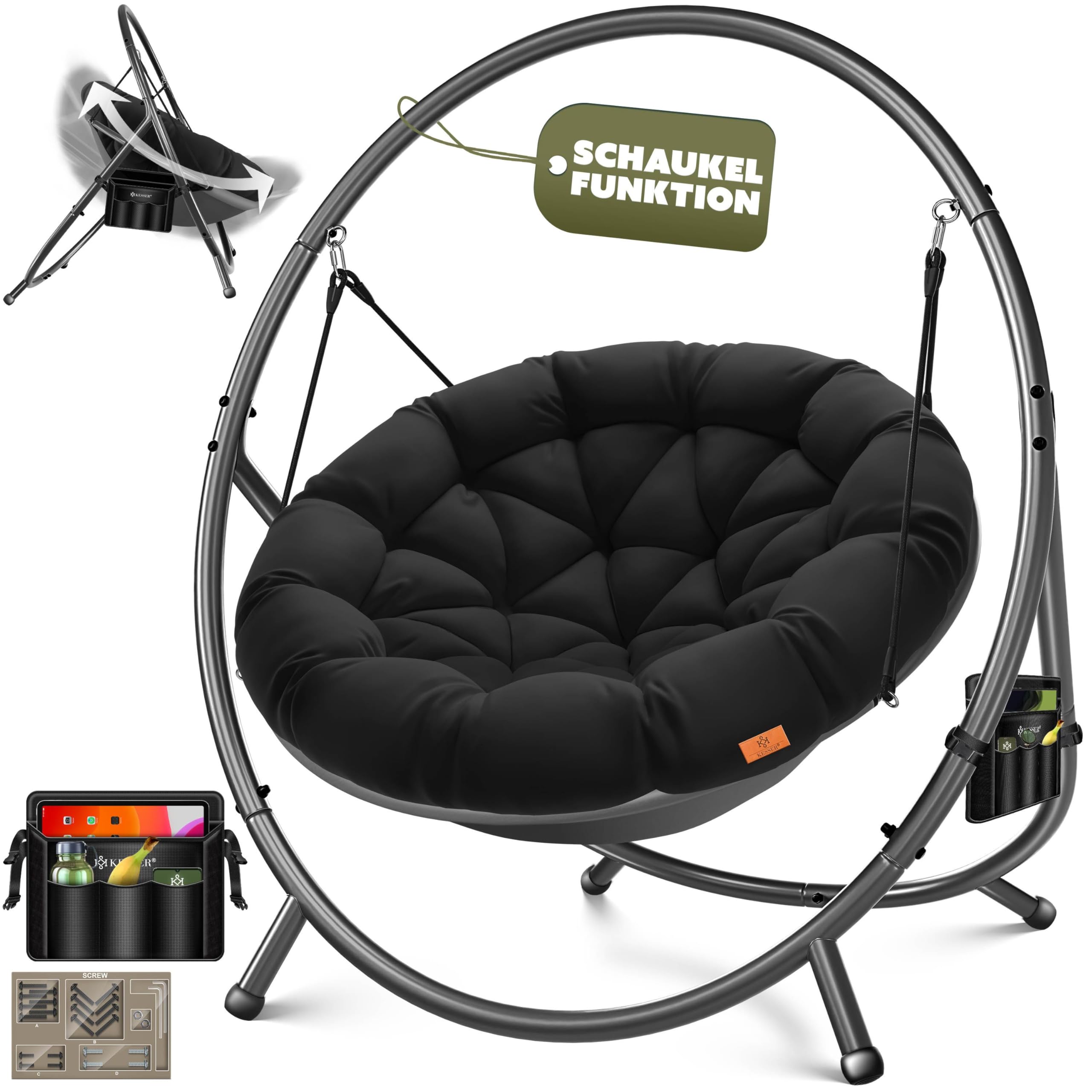 KESSER® Hängesessel mit Gestell Bali Hängeschaukel Hängestuhl bis 150kg für Indoor und Outdoor + Kissen & Seitentasche Hängekorb Stahlgestell & Schaumstoff Sitzpolster