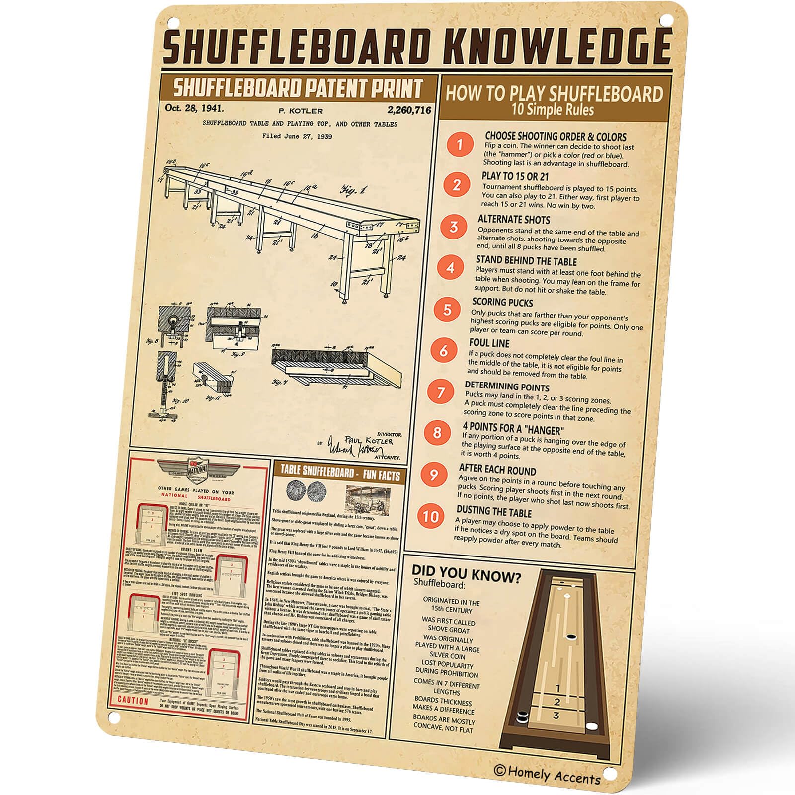 Décoration Shuffleboard Knowledge rétro panneau métal règle du jeu de palet club