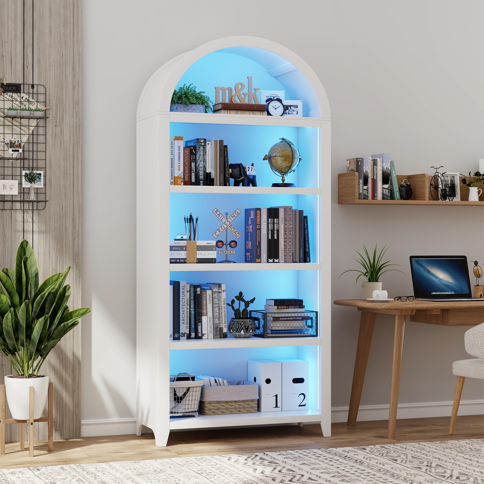 Gurexl 175 CM Vetrina da Collezione con LED a 3 colori e Sensore Umano,Libreria da Arco con 5 Ripiani,per Soggiorno,Ufficio,Studio,Camera da letto,Bianco Crema