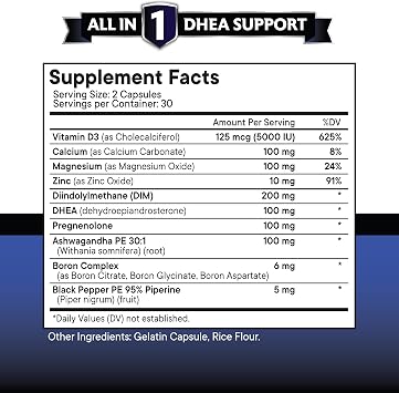 NEW AGE DHEA Supplement - Pregnenolone for Men & Women with DIM, Ashwagandha, Boron, Calcium, Magnesium, Zinc, Vitamin D3 5000iu - Support Capsules - 120 Count