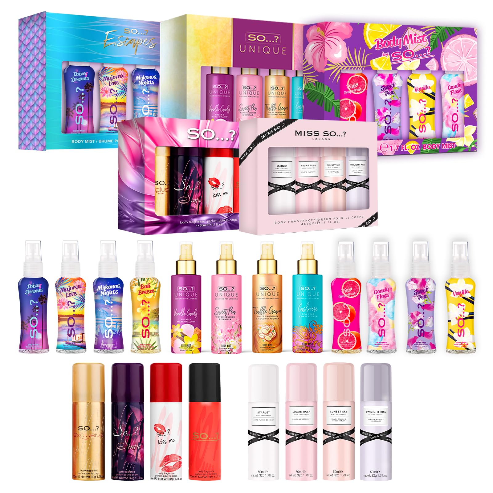 SO…? Damen Galore Body Mist Geschenkset Mixed Bundle Body Mist by So…?, Mädchen Körperspray Geschenkset, Reisegröße Duft (4 x 50 ml) 5 Stück