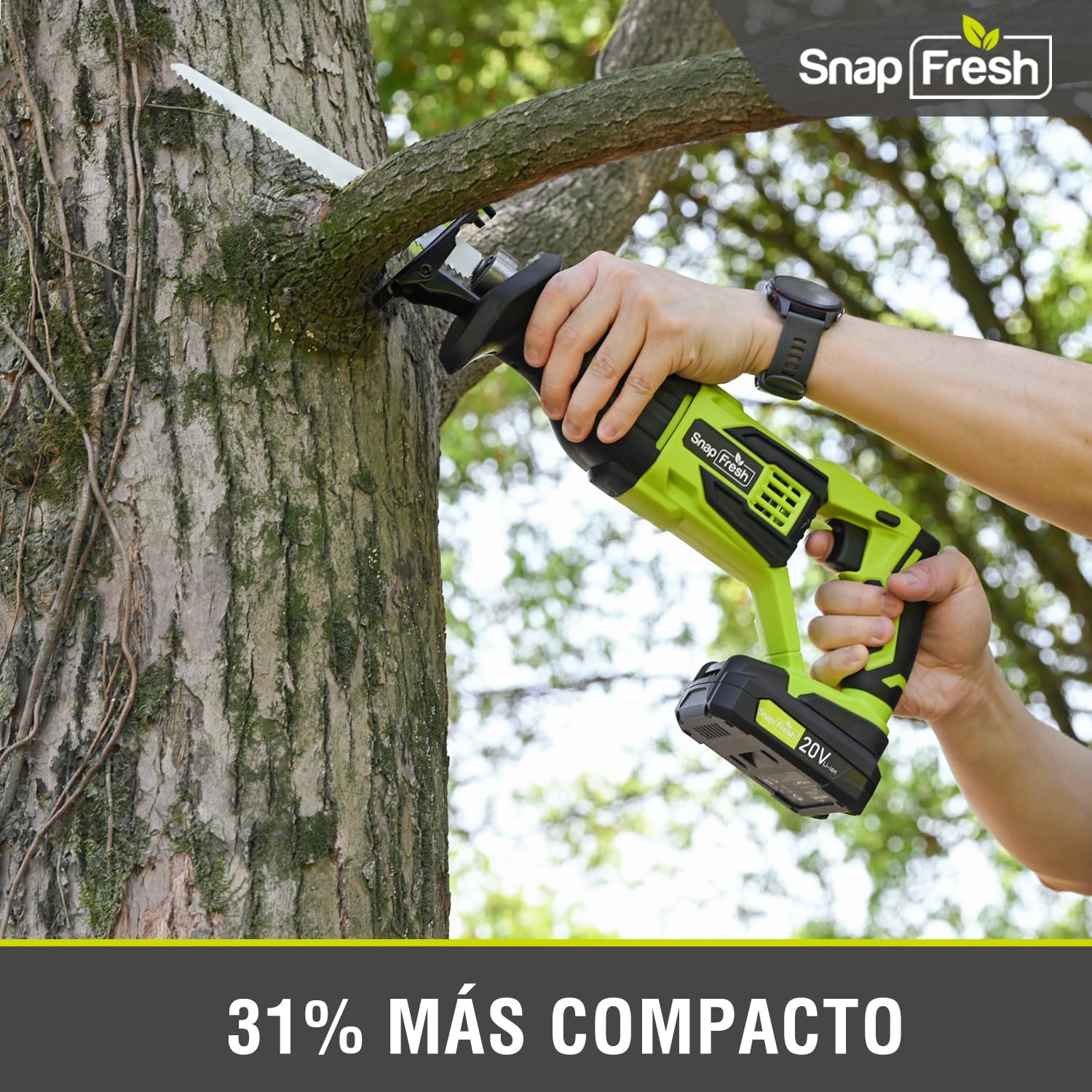 SnapFresh Sierra de Sable Inalámbrica de 20V – Herramienta Oscilante con Carrera de 25 mm y 3000 SPM para Corte de Madera, Metal y Plástico – Incluye Batería y Cargador Rápido