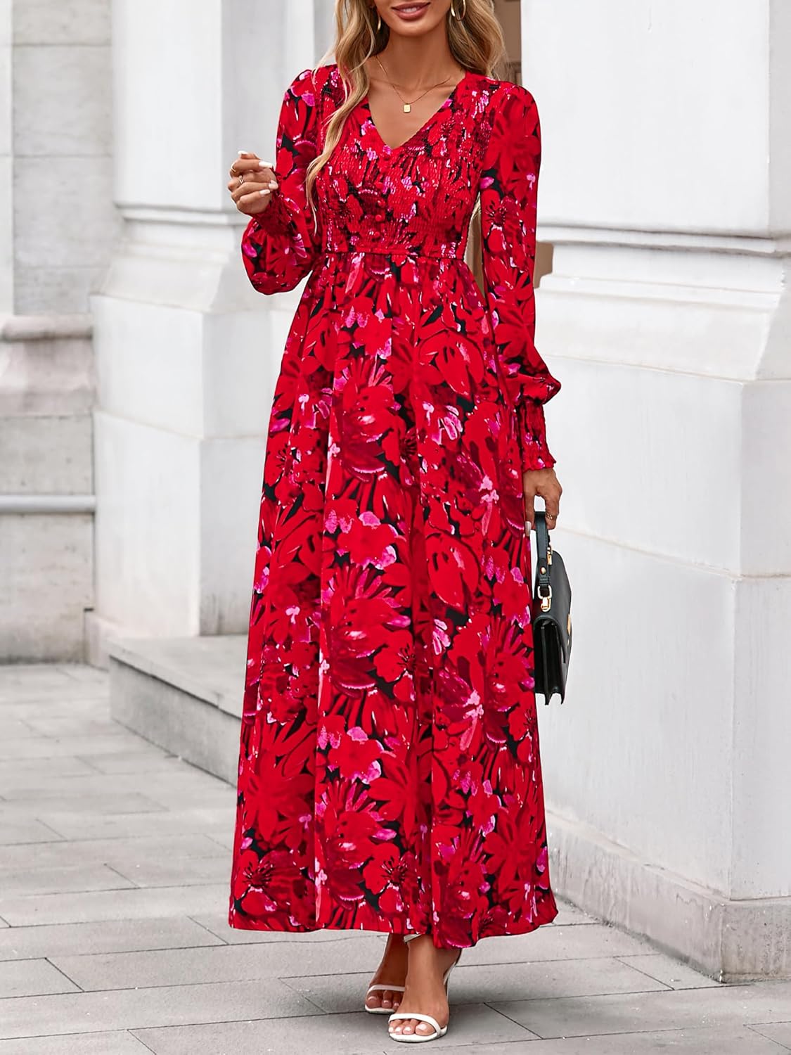 BTFBM Women Spring Wedding Guest Maxi Dresses 2026 Floral V Neck Long Sleeve Boho Long Dress Vacation - Image 7