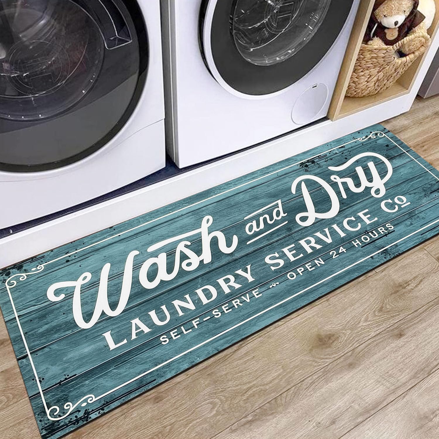 KOZYFLY Laundry Room Rug Runner 20"x48" Non-Slip Washable Kitchen Mat Waterproof Mudroom Floor Carpet Runner Farmhouse Decor, Cyan, Wash and Dry — image 1