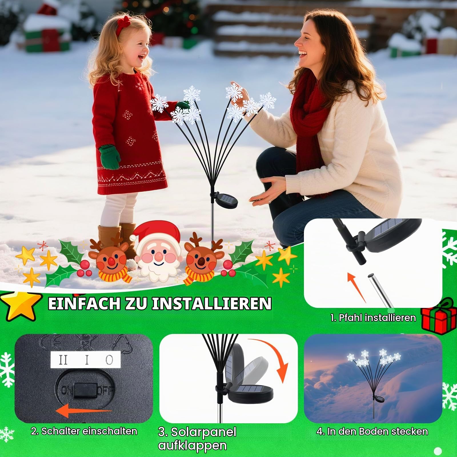 Qoosea Solarleuchten für Außen Garten, 4 Stück Solar Weihnachtsbeleuchtung mit 32 Schneeflocken, Wasserdicht Solarlampen Außen Gartenbeleuchtung Weihnachtsdeko für Weg Hof Garten Deko