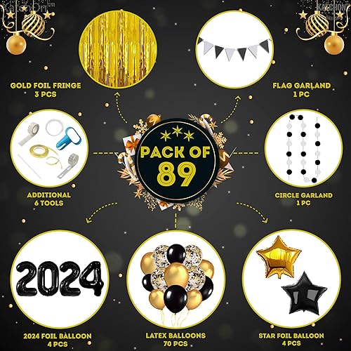 Miniatura 2 de KatchOn, Juego de decoraciones de graduación en negro y dorado 2024, enorme, paquete de 89 globos de graduación  Globos negros 2024, telón de fondo