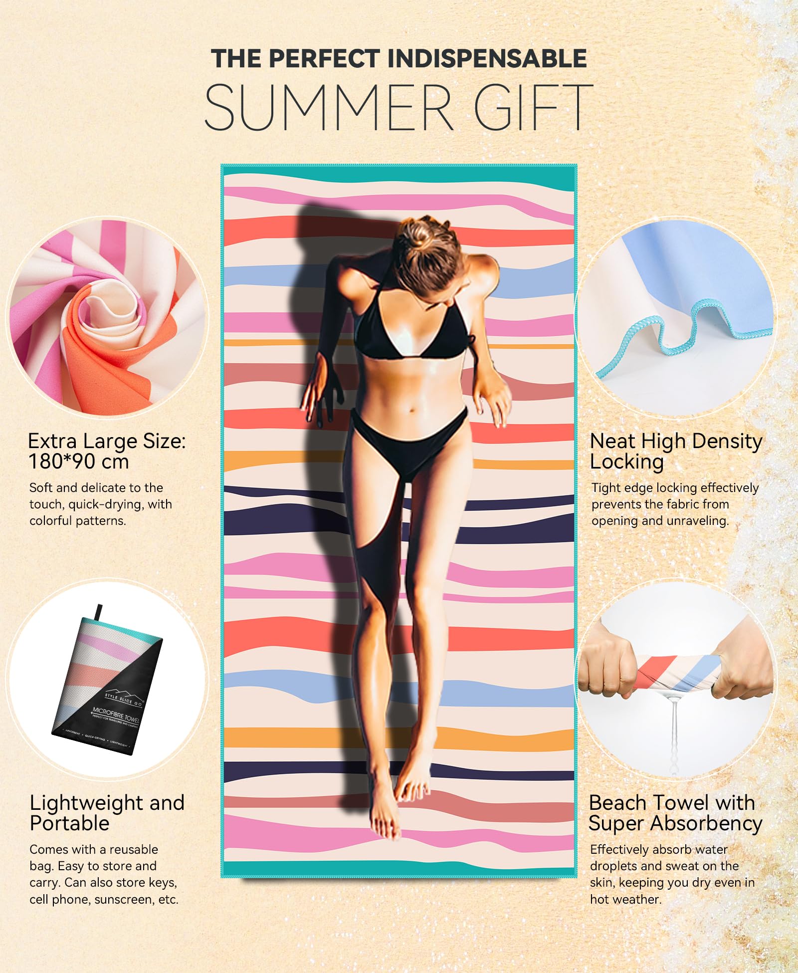 Style Slice Beach Towel Extra Large Microfibre Towel Beach Towels, Lightweight Microfibre Beach Towels for Adults, Travel Towels Quick Dry Large 180x90cm - Image 2