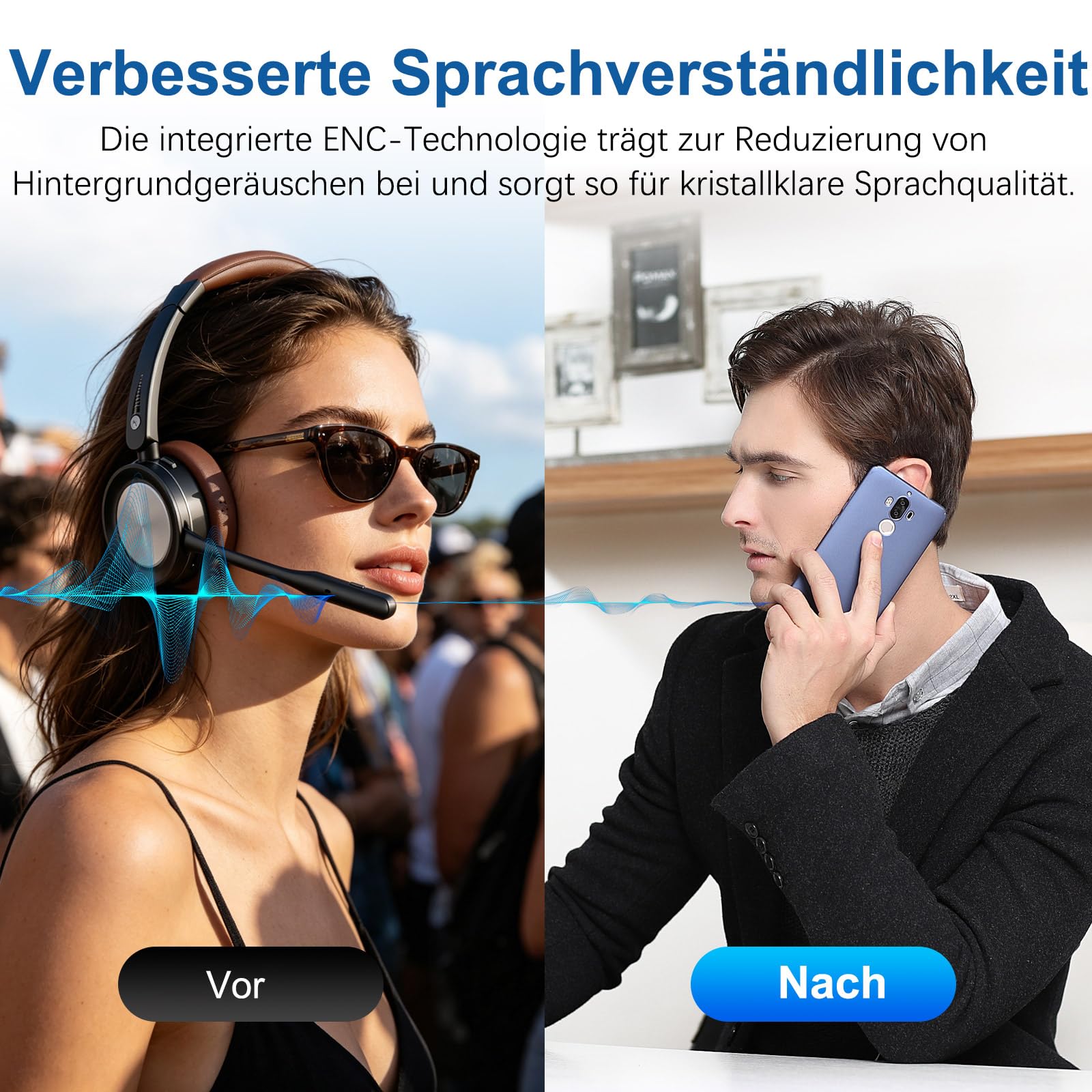 Bluetooth Headset mit Mikrofon für PC, Kabelloses Headset mit Rauschunterdrückungs Mikrofon, USB-Dongle, Stummschalttaste für Arbeit, Büro, Callcenter, Teams