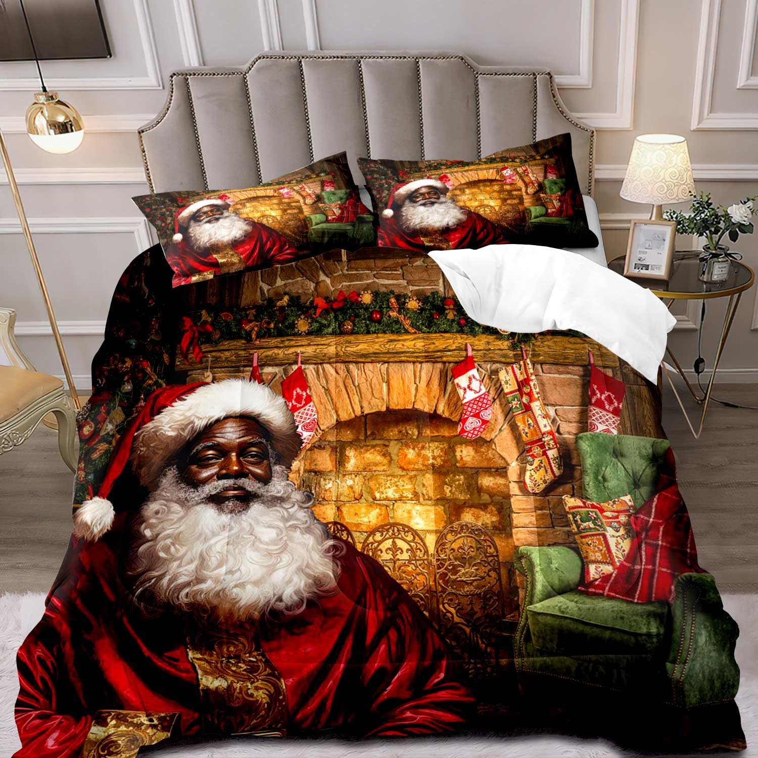 LUVIVIHOME 3PCS Christmas Comforter Set Queen Size, Funny Black Santa Claus Bedding, Xmas Merry Bedroom Decor for Kids Boys Girls Teens, African American Decorations, 1 Pillow Case