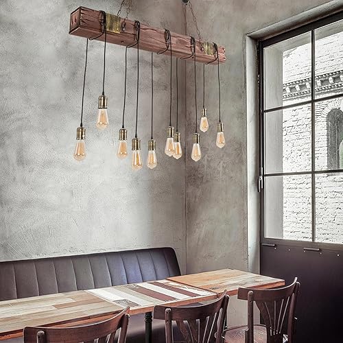 Miniatura 2 de Farol colgante de madera de 10 luces, lámpara colgante retro rústica de granja, lámpara de suspensión industrial para mesa de comedor, cocina