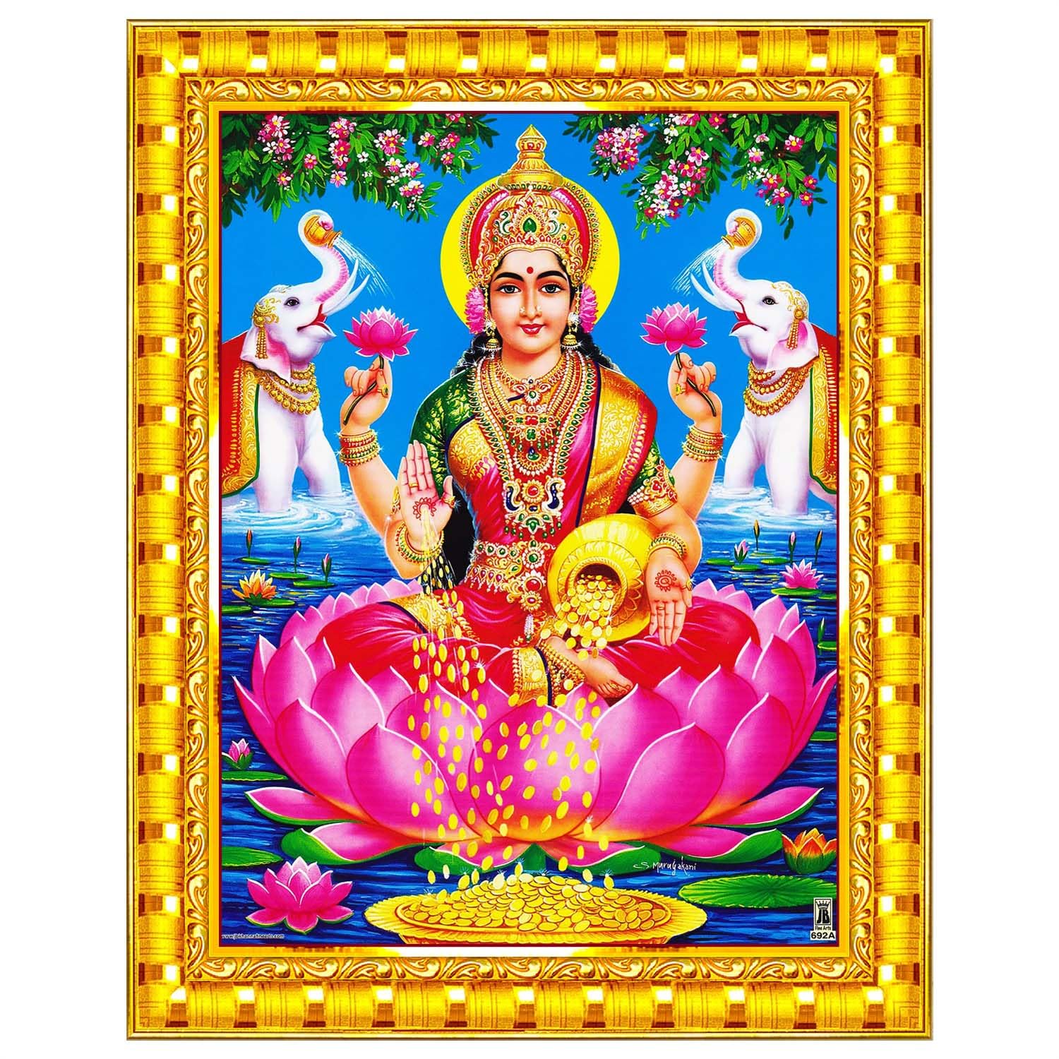 Pavan Photo Laminations Goddess Lakshmi Devi Dhana Vaibhav Laxmi Maa Wall Painting Framed Home Decor (Wood,Matte,Gold,Big Size,10 x 12 Inch) R317M