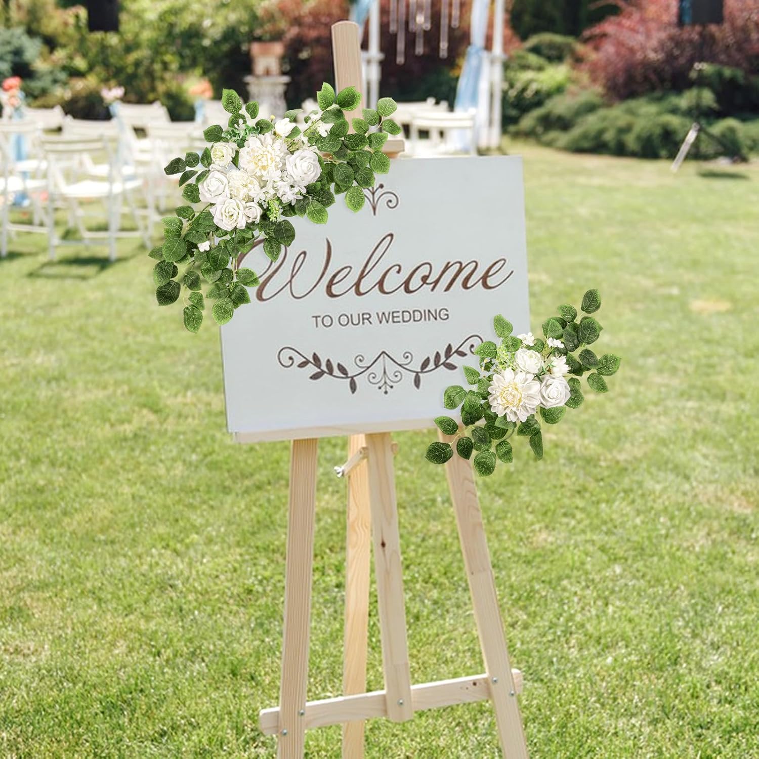2PCS Wedding Arch Artificial Flowers, 27.5, 19.6 Inch Weddings Flowers Decorations Artificial Weddings Arch Floral Swag Welcome Signs for Bridal Shower, Baby Shower, Photo Backdrop(White)