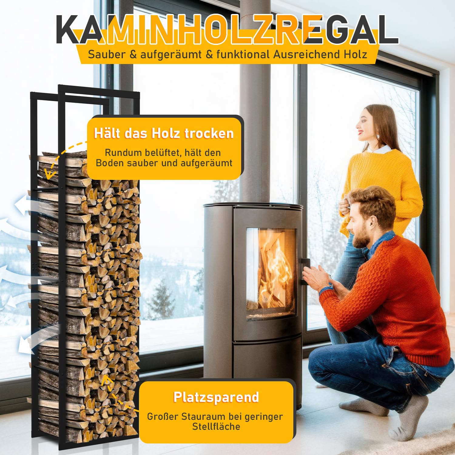 Ikodm kaminholzregal Innen und Aussen, Metall Brennholzregal außen 40 x 25 x 150CM, Holzstapelhilfe für Kamin & Ofen, Holzunterstand für Kaminholz Aussen, Schwarz