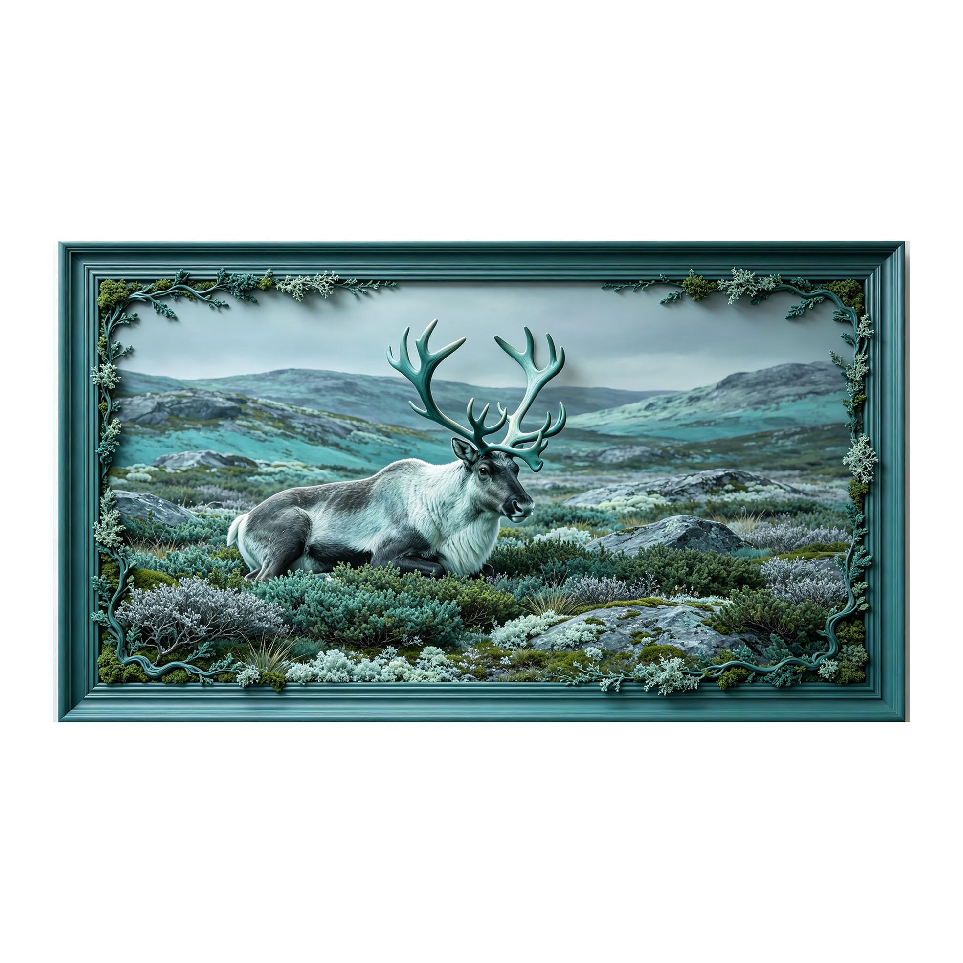 Yzpallescene 3D 3D Framed Wall Art 50cm×90cm Nordic Reindeer Mountain Landscape Oil Painting Large Size SelfAdhesive Removable Wall Decor Prints Artwork for Living Room Bedroom Office