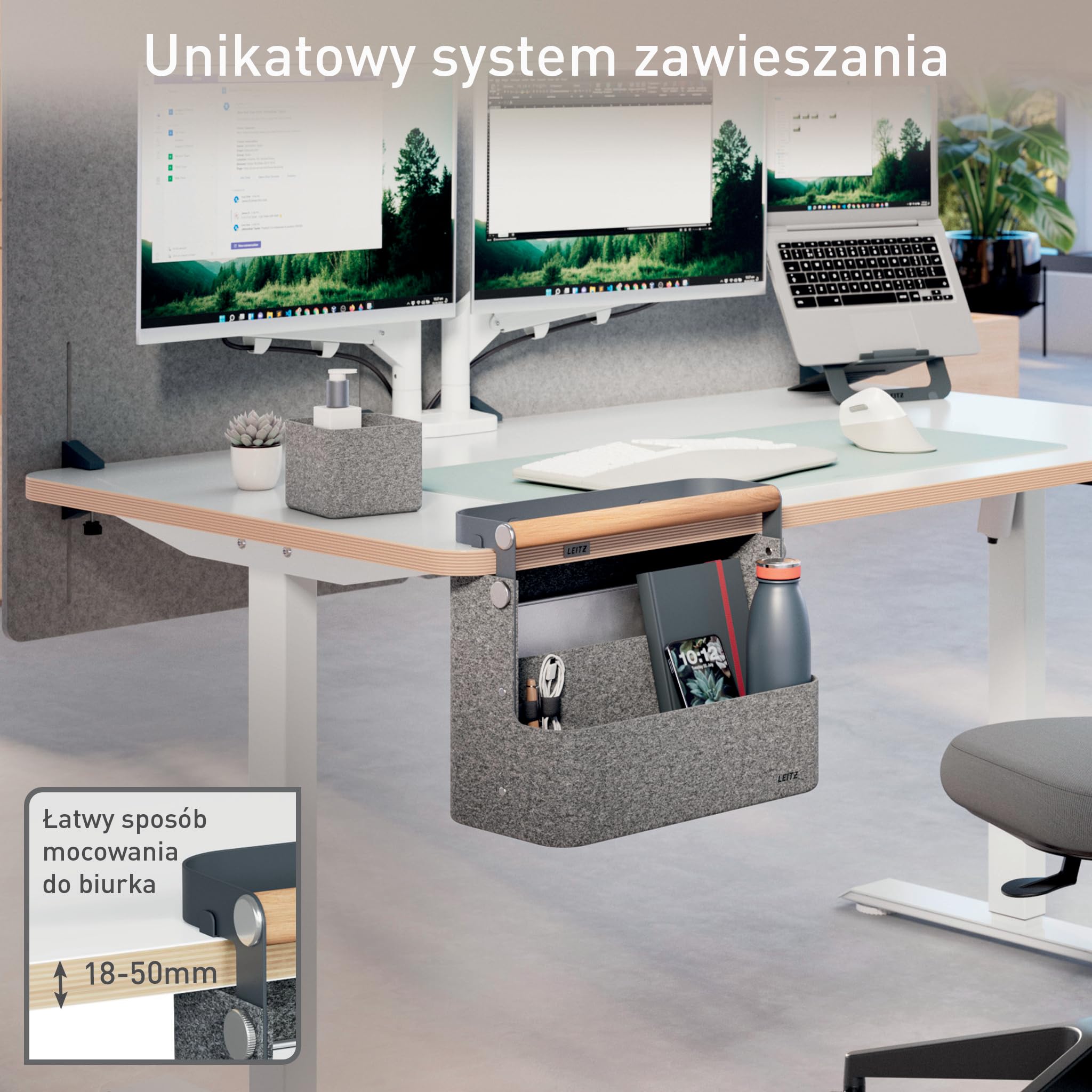 Przenośny Organizer Leitz z Uchwytem - Mobilny Organizer na Biurko z Drewnianym Uchwytem, Idealny do Coworkingu i Hot Deskingu - 38 x 19 x 25,5 cm