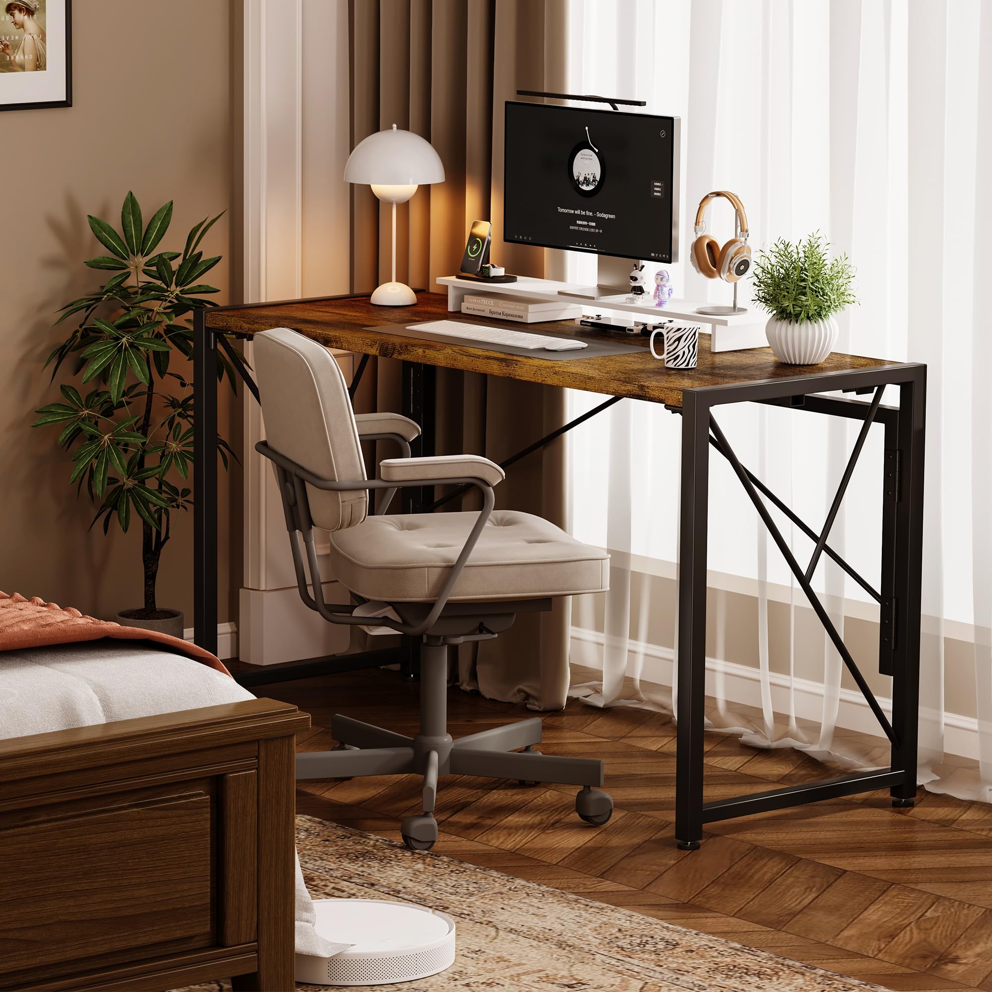 Condition photo showing New/Like New for Homeiju Folding Desk, Small Foldable Desk 40" for Small Spaces, Portable Desks for Bedroom, Home Office, Folding Table for Camping, Traveling, Space Saving, Easy Assembly, Rustic Brown