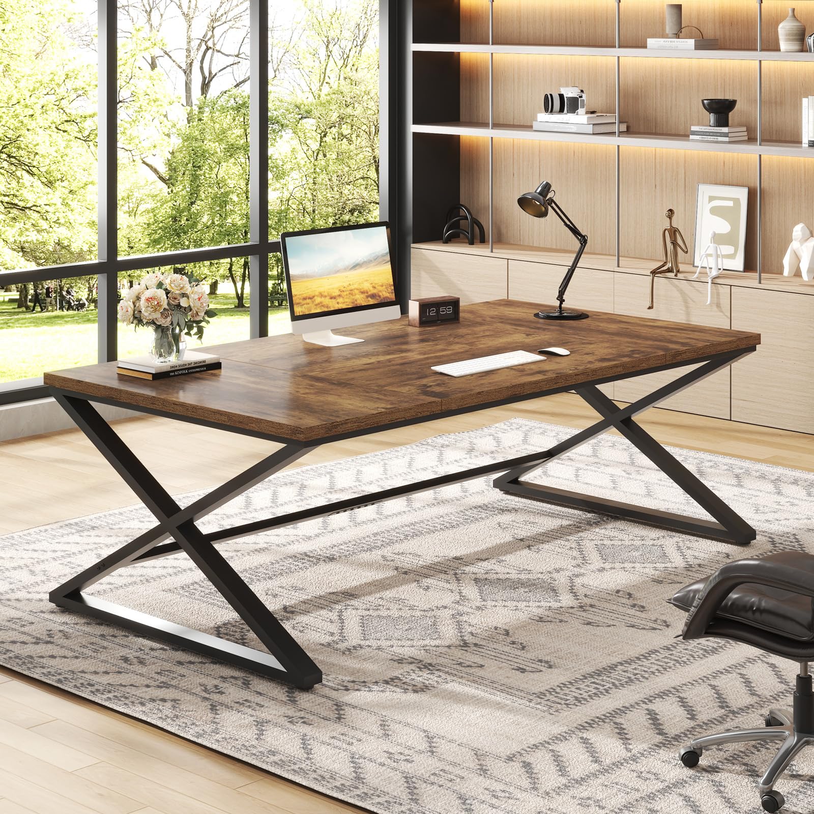 IBF 200 cm Schreibtisch Groß X Bein PC Tisch Computer Desk Rustikal Eiche | PC Gaming Büro Homeoffice Arbeitszimmer Schreibtisch Computertisch Bürotisch groß aus Holz Eiche