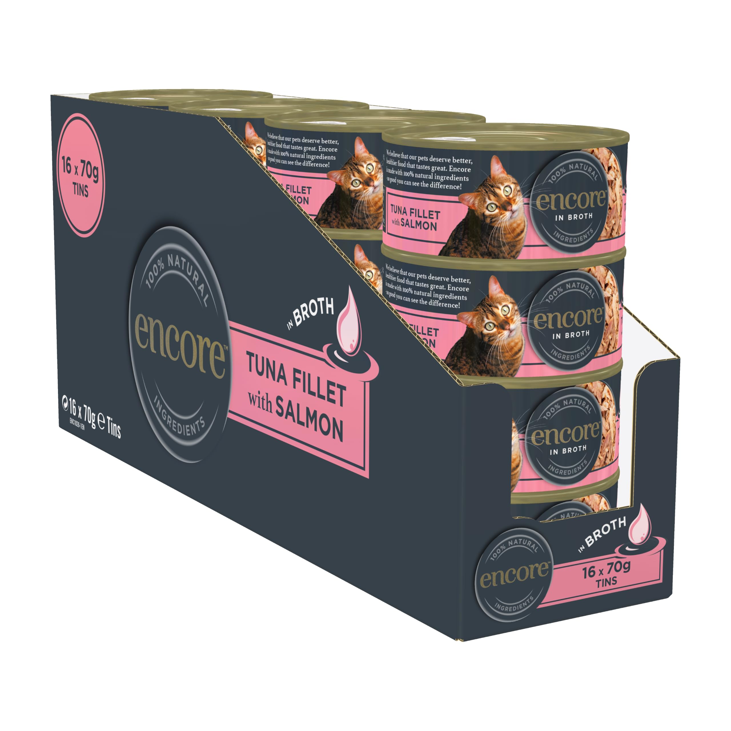Encore Natural Wet Cat Food Tuna Fillet with Salmon in Broth 16 x 70g Tins
