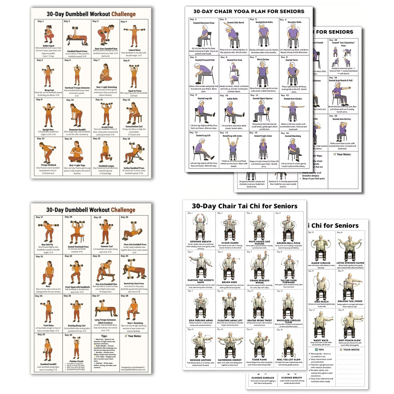ZPSCXQ Tai Chi Chair Workout Exercises for Seniors, 3-Pack Wall Chart