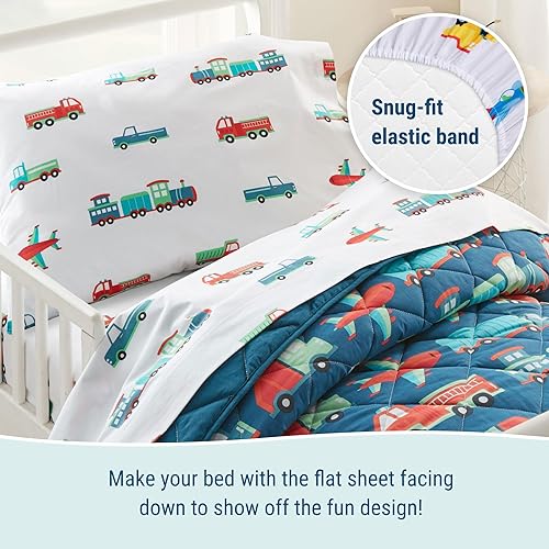 Miniatura 6 de Wildkin Juego de sábanas para niños pequeños, microfibra suave, sábana bajera y sábana superior, funda de almohada, trenes, aviones y camiones