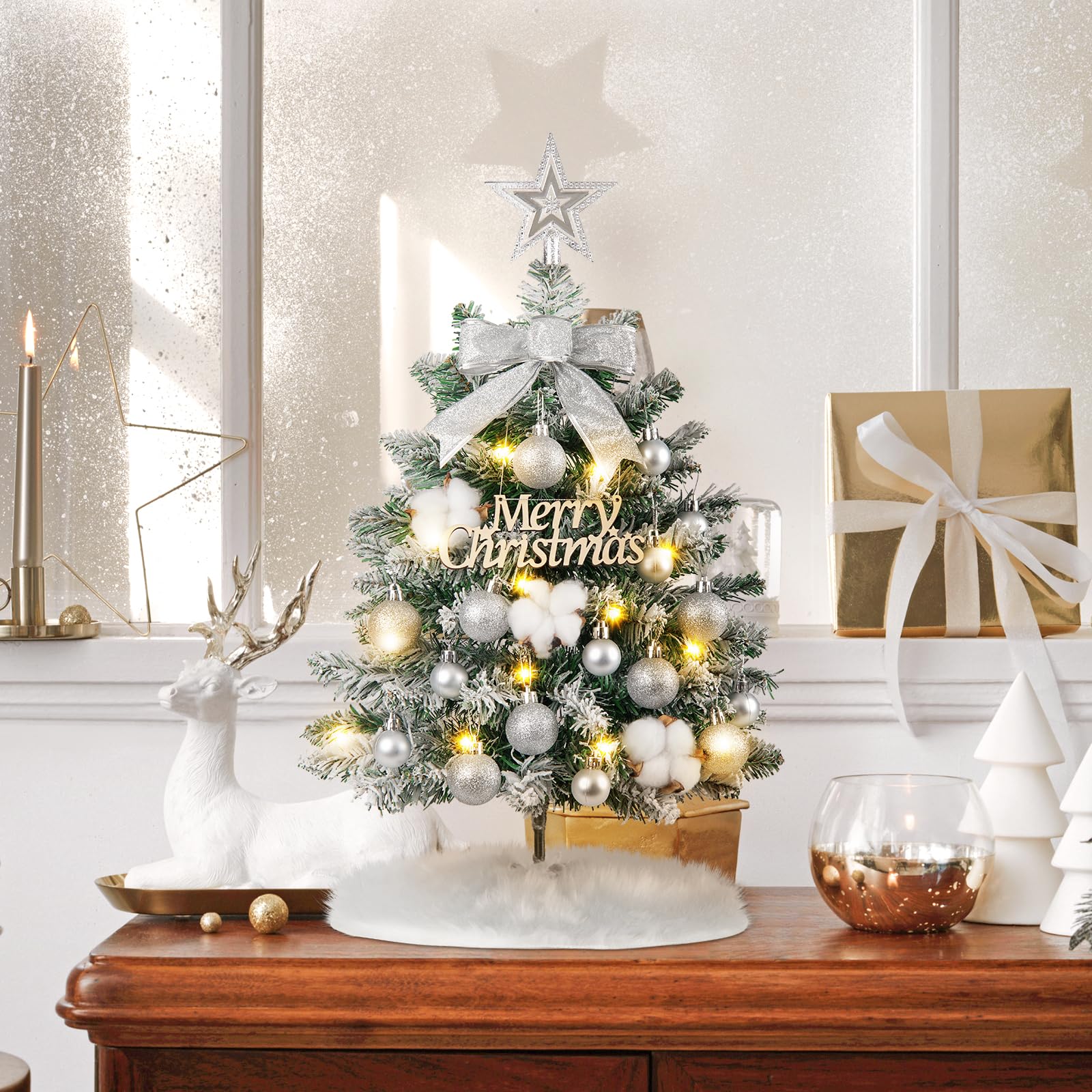 MACTING 2FT Mini Christmas Tree with Lights, 26 Inch Silver Small Artificial Flocked Xmas Tree with Christmas Ball Ornaments and Snow for Home Decorations Centerpiece Fireplace Desktop Table Top Decor