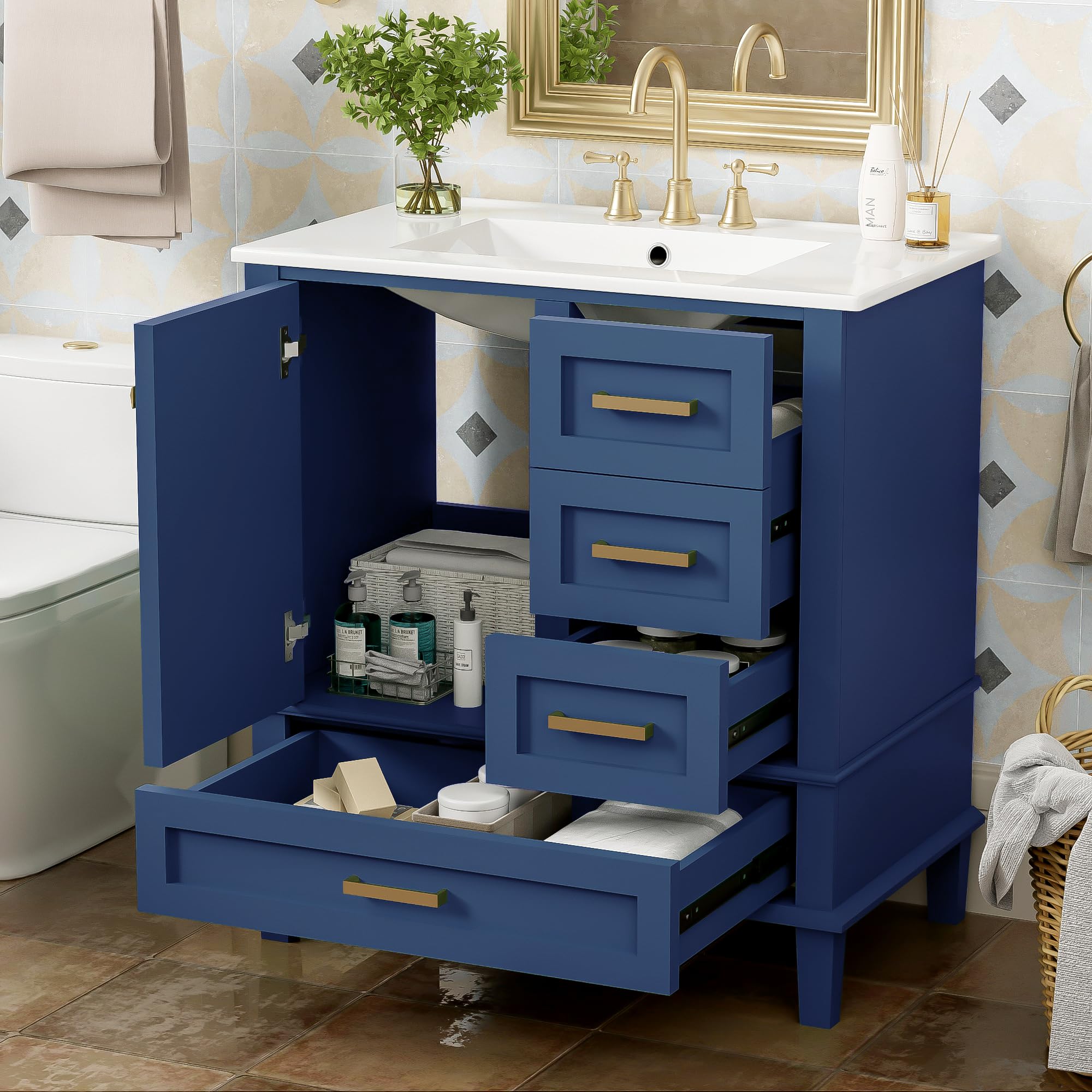 JT Modern 30" Bathroom Vanity With Sink – Solid Wood, Soft-Close Door & 3 Drawers, Blue Finish, Ceramic Top