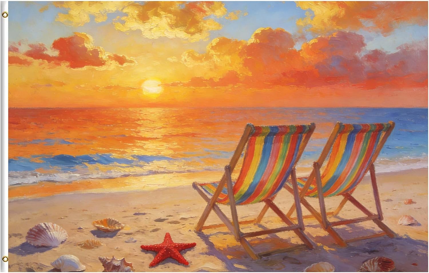 Beach Chairs Starfish Sunset Seaside Summer Seasonal 5x8 Foot Outdoor Flag, One Sided Print 5 x 8 Ft Flags with Brass Grommets for Home House Outdoor Indoor Decor