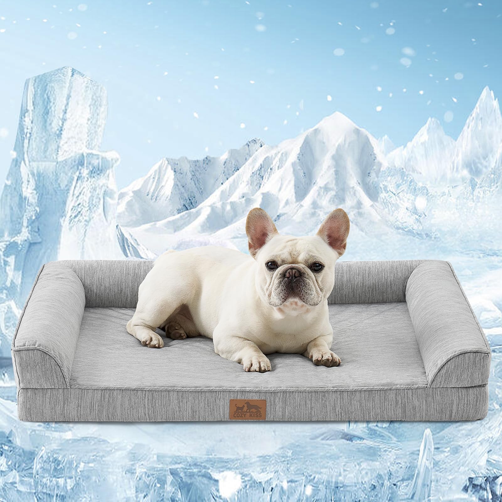 Cooling Dog Bed, Orthopedic Memory Foam Dog Bed with Sides, Comfy Pet Bed with Washable Cover, Waterproof Lining and Nonskid Bottom, Cooling Bed for Medium Dog, Silver Grey (36" L x 27" W x 6.5" Th)