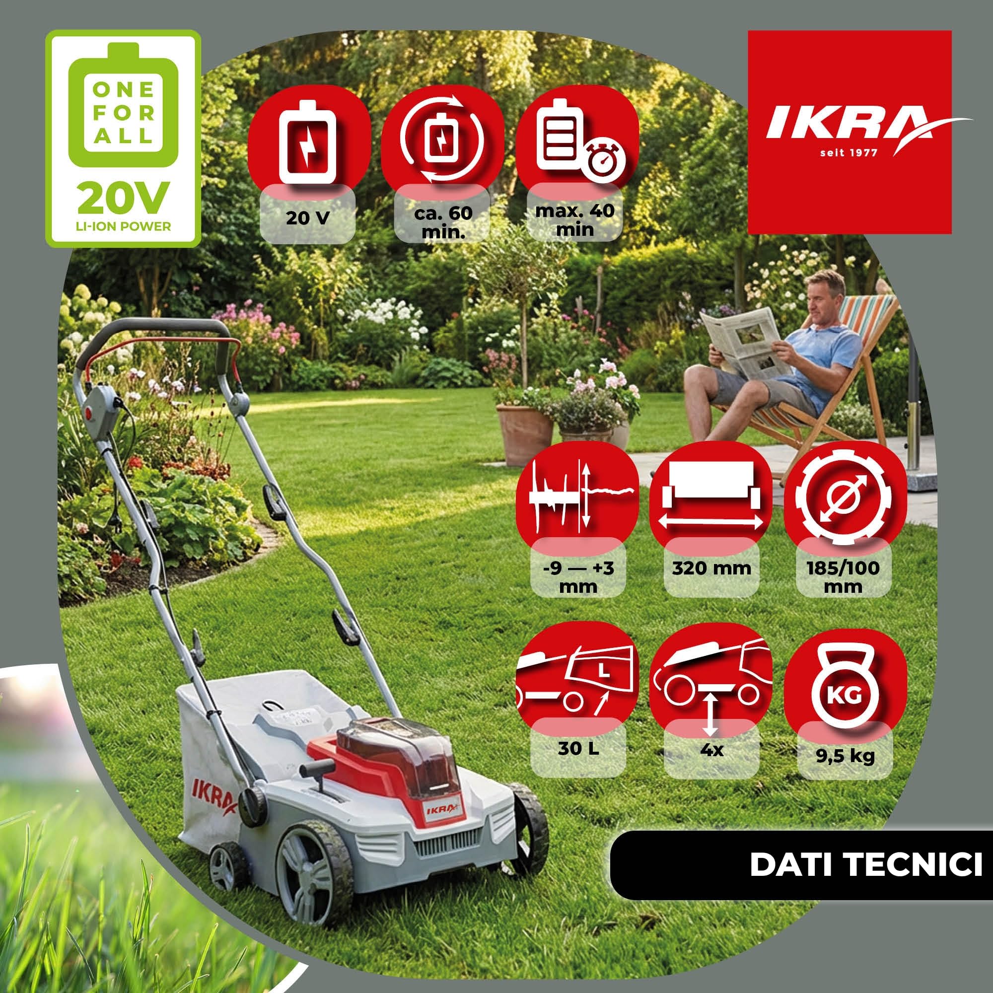 IKRA scarificatore arieggiatore a batteria 3in1 IAVL 2-2032, larghezza 32cm | Inclusi 2 batterie 20V 2,0Ah e caricatore rapido, cesto 30 l, +3/-9 mm, cambio rullo senza attrezzi, IKRA 20V
