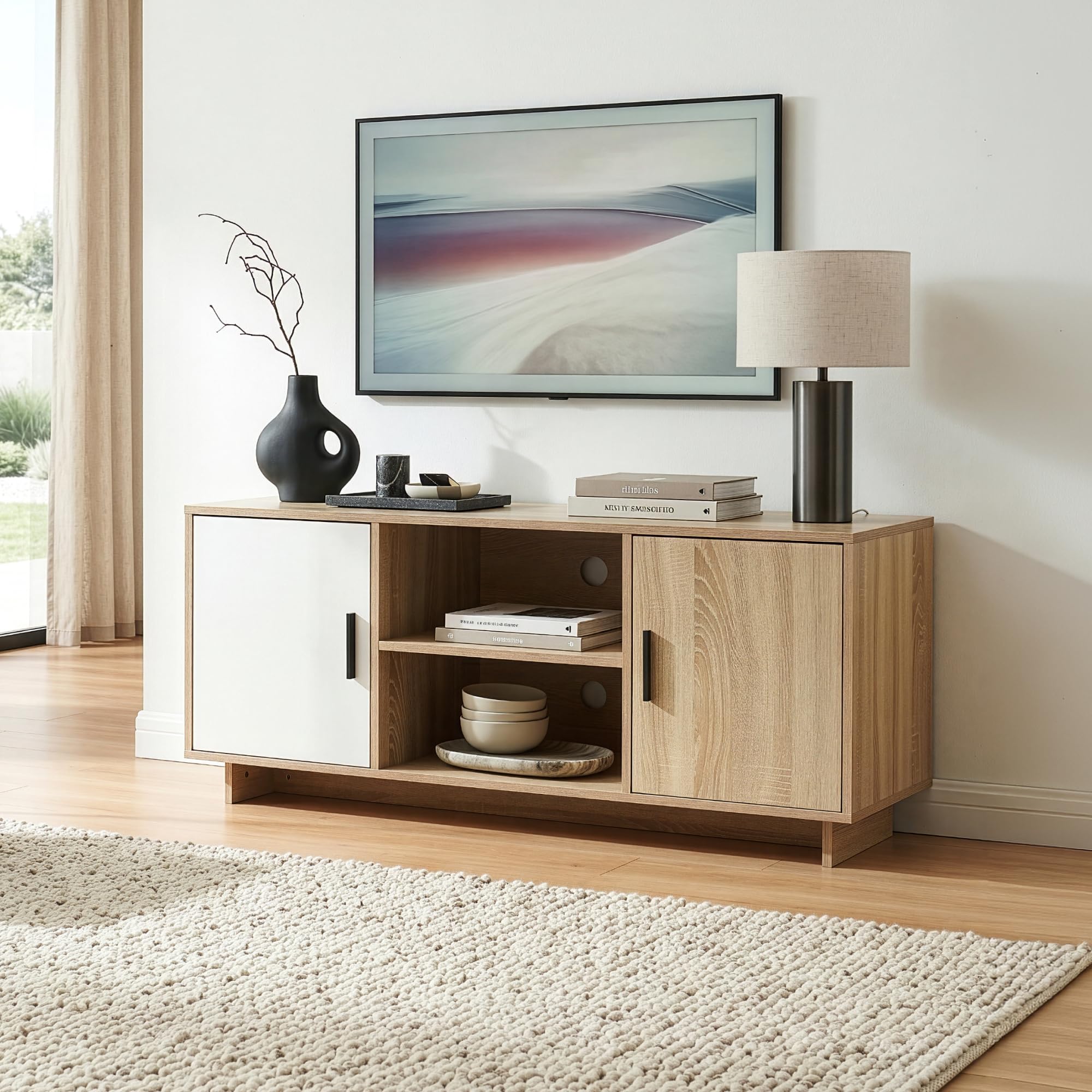 [en.casa] Mobile Porta TV a 2 Ante e Scomparti Aperti Supporto Televisore Stand Multimediale Credenza Bassa per Soggiorno Studio Living 120x39x52 cm Effetto Rovere Sonoma/Bianco