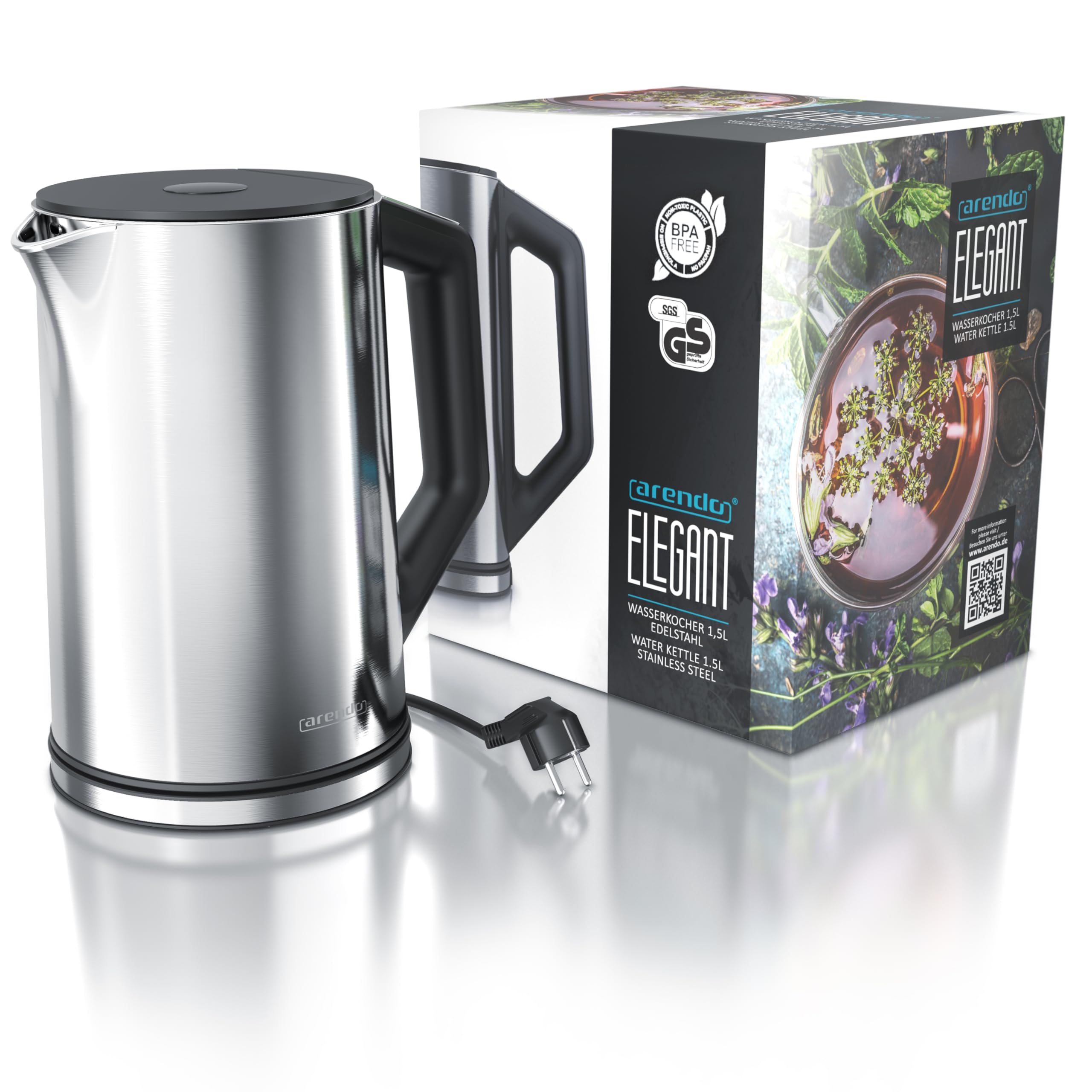 Arendo - Bollitore in acciaio inox con regolazione della temperatura 40-100 gradi in incrementi di 5 - Design a doppia parete - Modello ELEGANT - 1,5 litri - 2200 W - Bollitore con indicatore di