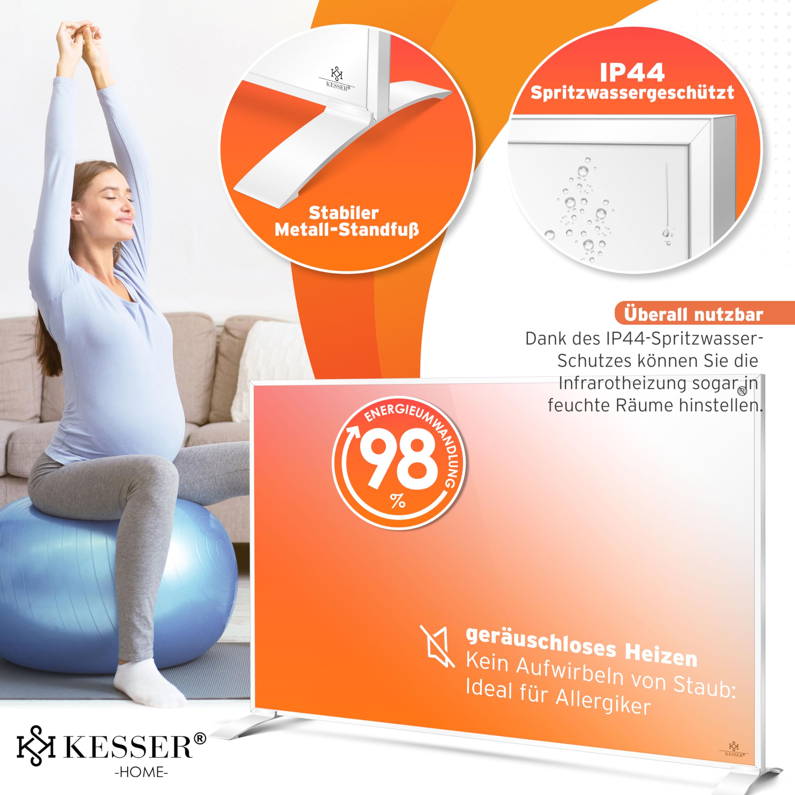 KESSER® Chauffage infrarouge à économie d'énergie - Appareil sur pied et montage mural - Chauffage électrique - 550W - Avec télécommande - Thermostat et commande d'application - Panneau chauffant