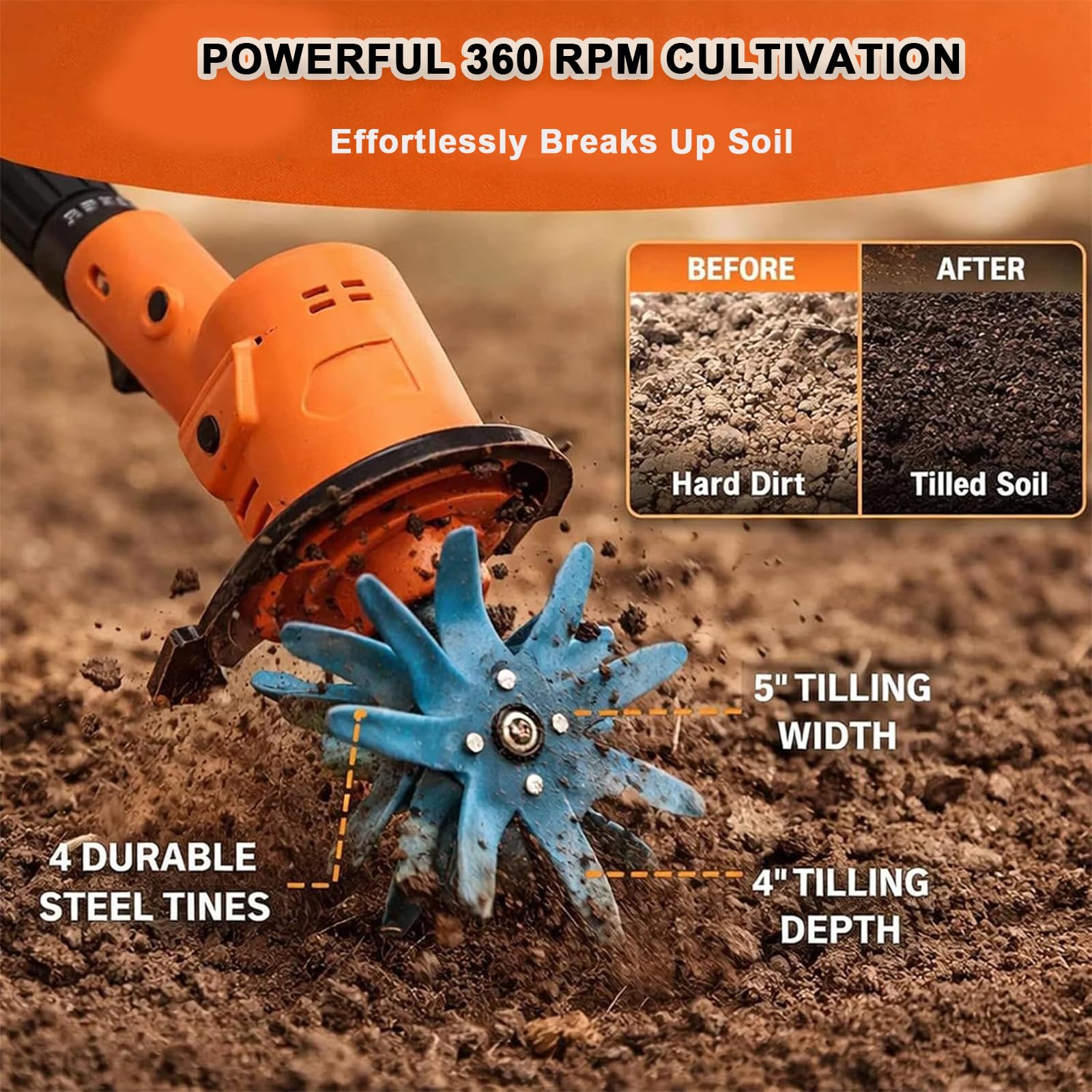 Motoculteur sans Fil 21 V pour Le Jardinage, Motoculteur Électrique, Fraise À Main avec 2 Batteries Et Chargeur, Largeur De Travail De 10 Cm, Profondeur De Travail De 10 Cm, pour Biner