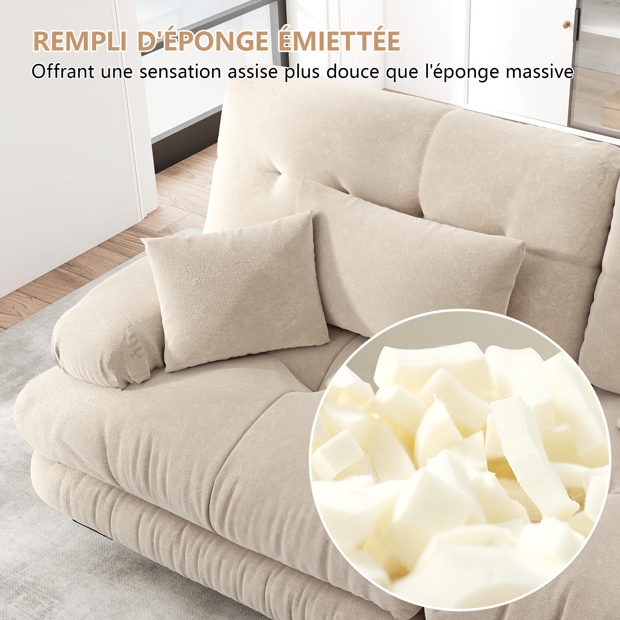 Yihomfy Canapé Modulable Moderne Cloud avec pouf,Canapé D'angle 2/3/4/5 Places en Chenille avec Assise Profonde et Coussins,Idéal Pour le Salon,La Chambre ou un Appartement (Beige, 3 Places + 2 Poufs)